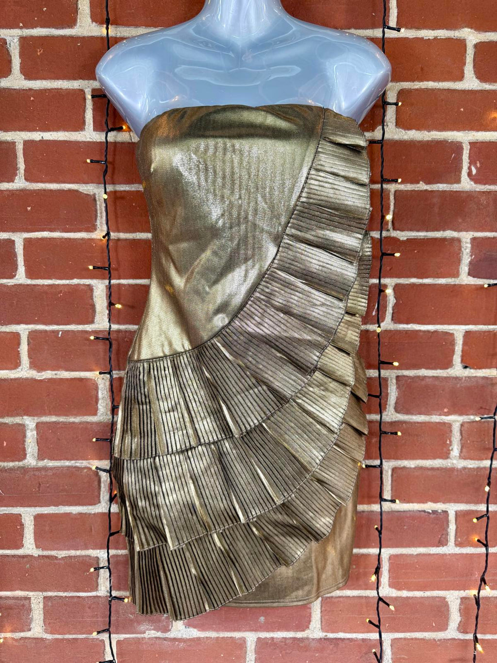 Gold Metallic Strapless Pleated Mini Dress UK Size 8–10