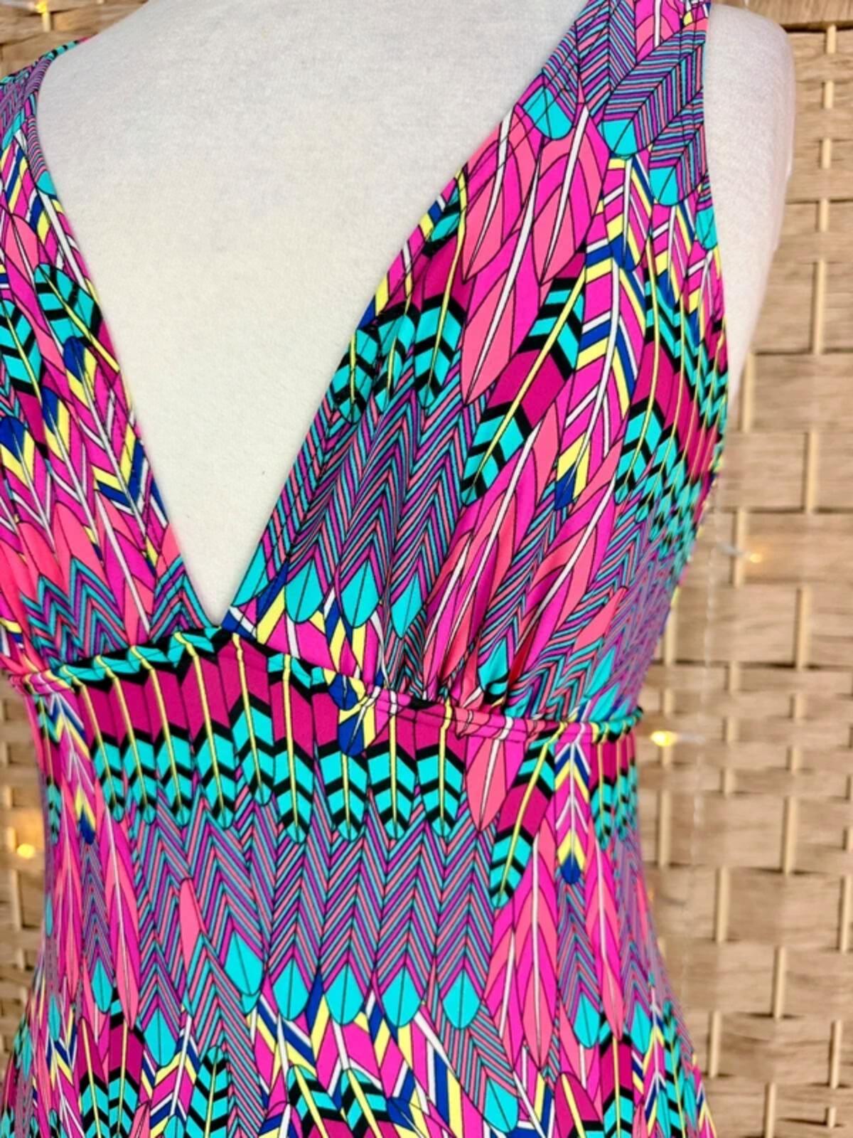 Pink Geometric Swimsuit UK 14 Plunge One Piece Stretch
