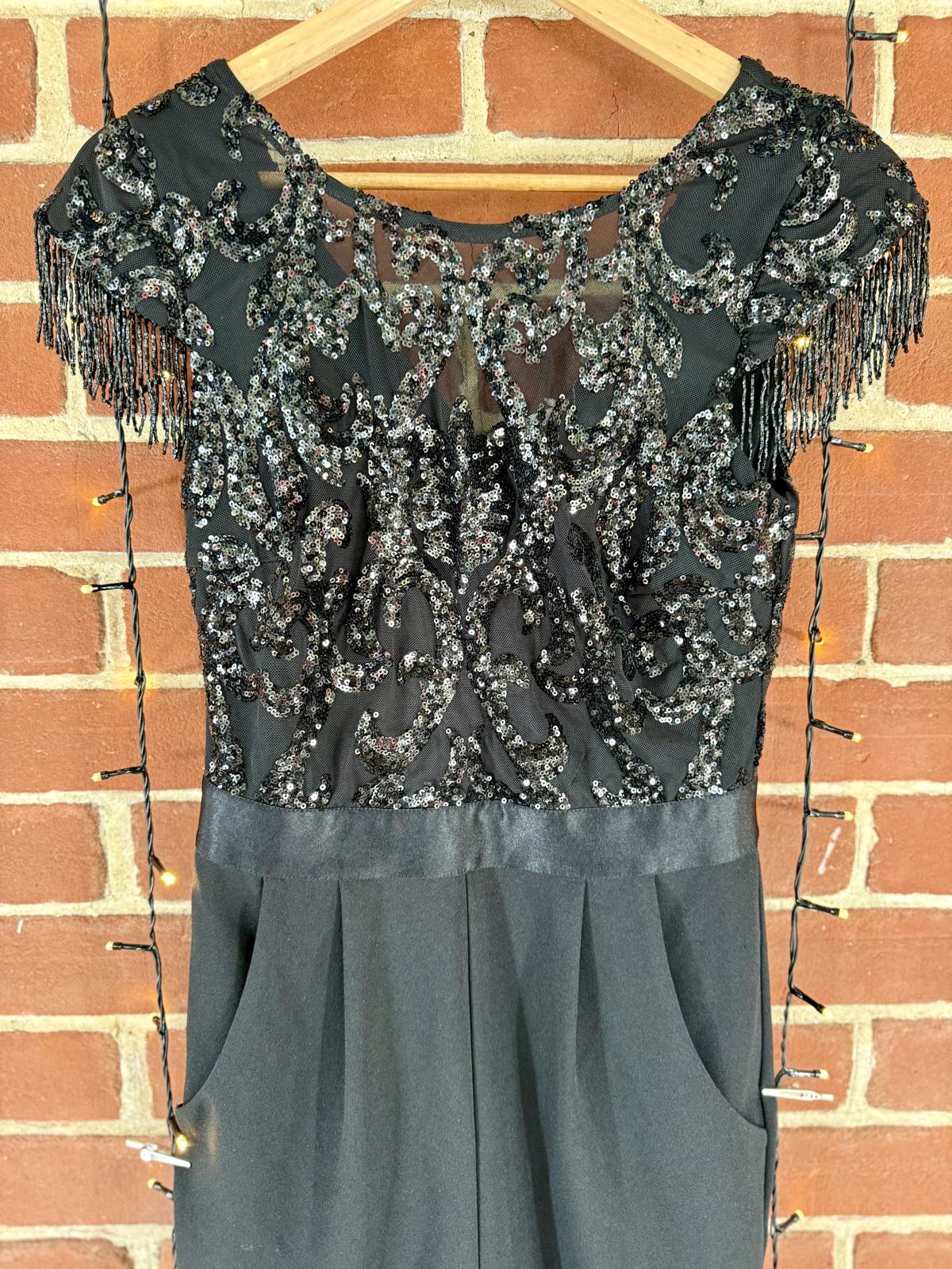 Black Sequin Embellished Fringe Sleeve Jumpsuit UK 10 Party Evening Outfit