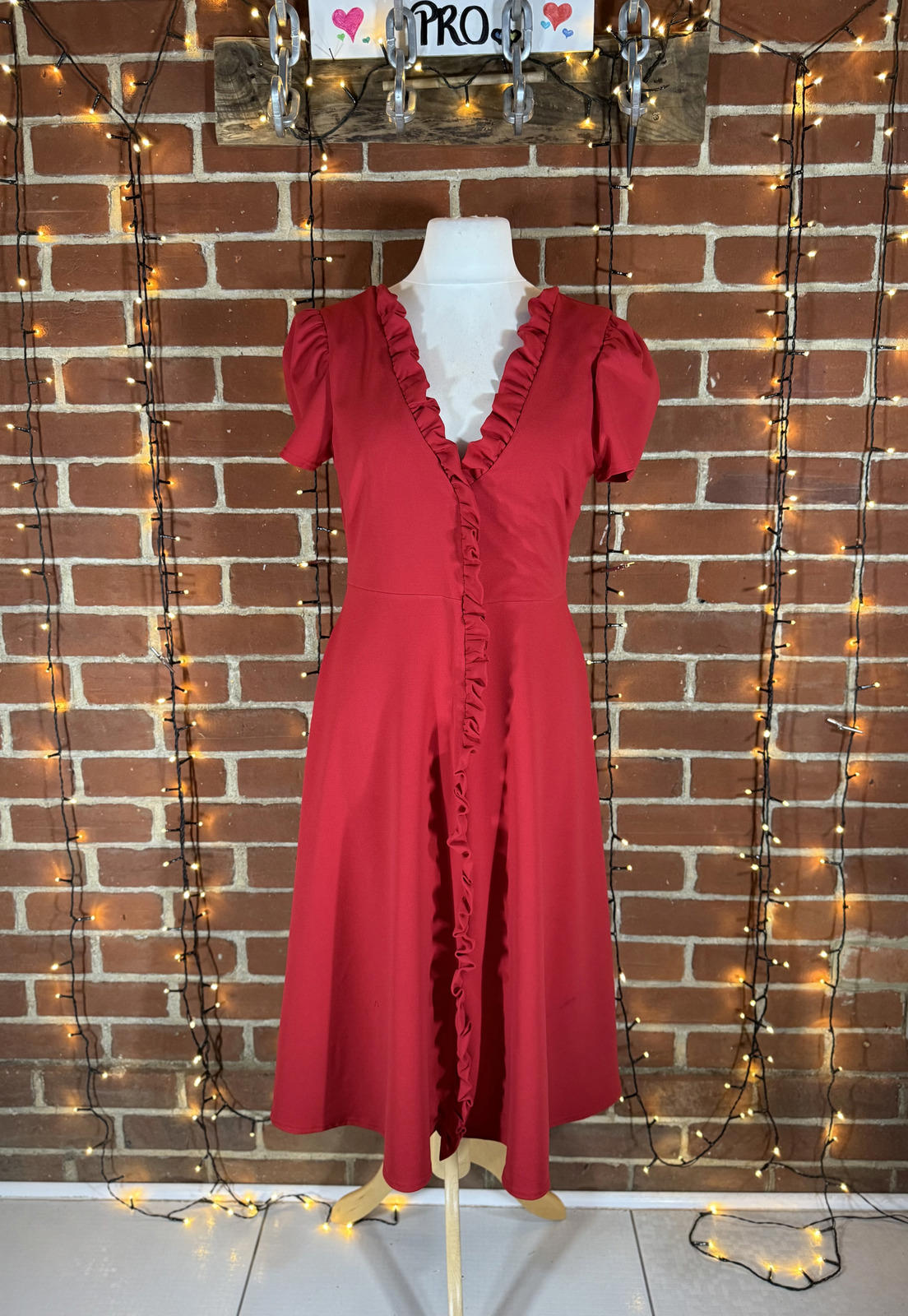 Goddiva Red Ruffle V-Neck A-Line Midi Dress Size 14 DR3876 BNWT             .217