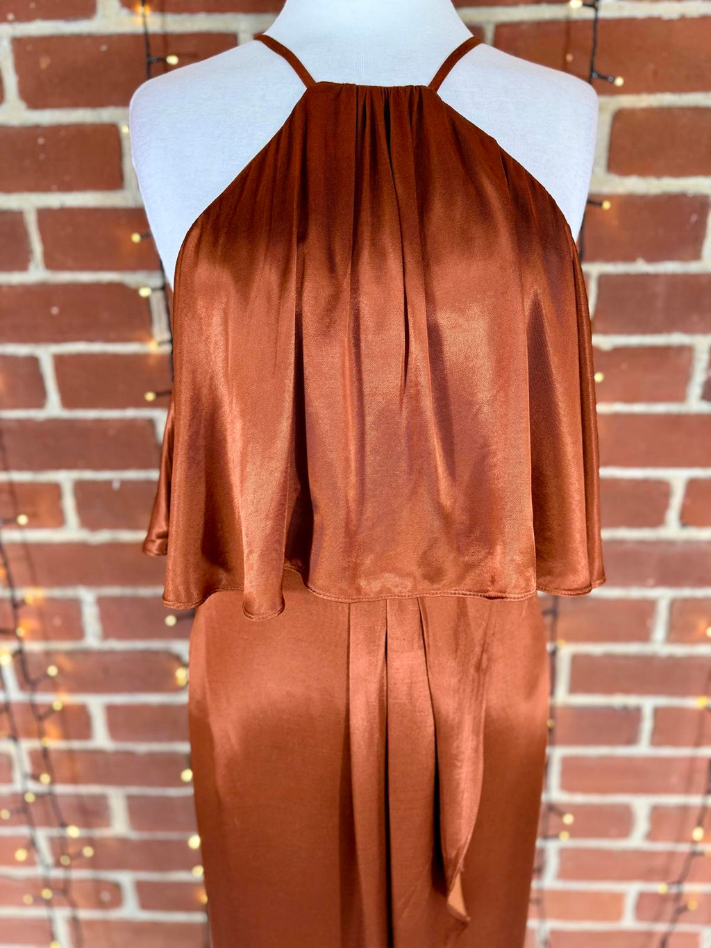 Goddiva Copper Satin Halter Dress UK 8 VGC Evening Party Occasion Gown #128