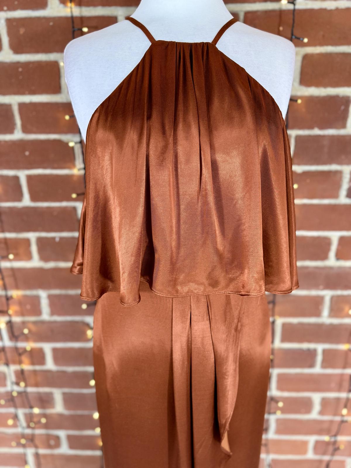 Goddiva Copper Satin Halter Dress UK 8 VGC Evening Party Occasion Gown #128