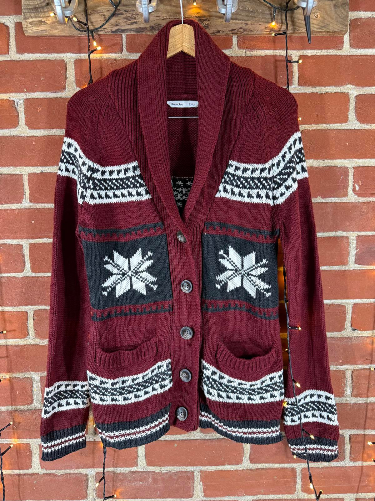 Bluenotes Fair Isle Knit Cardigan Sweater Burgundy Black White Snowflake L #67 NUM6
