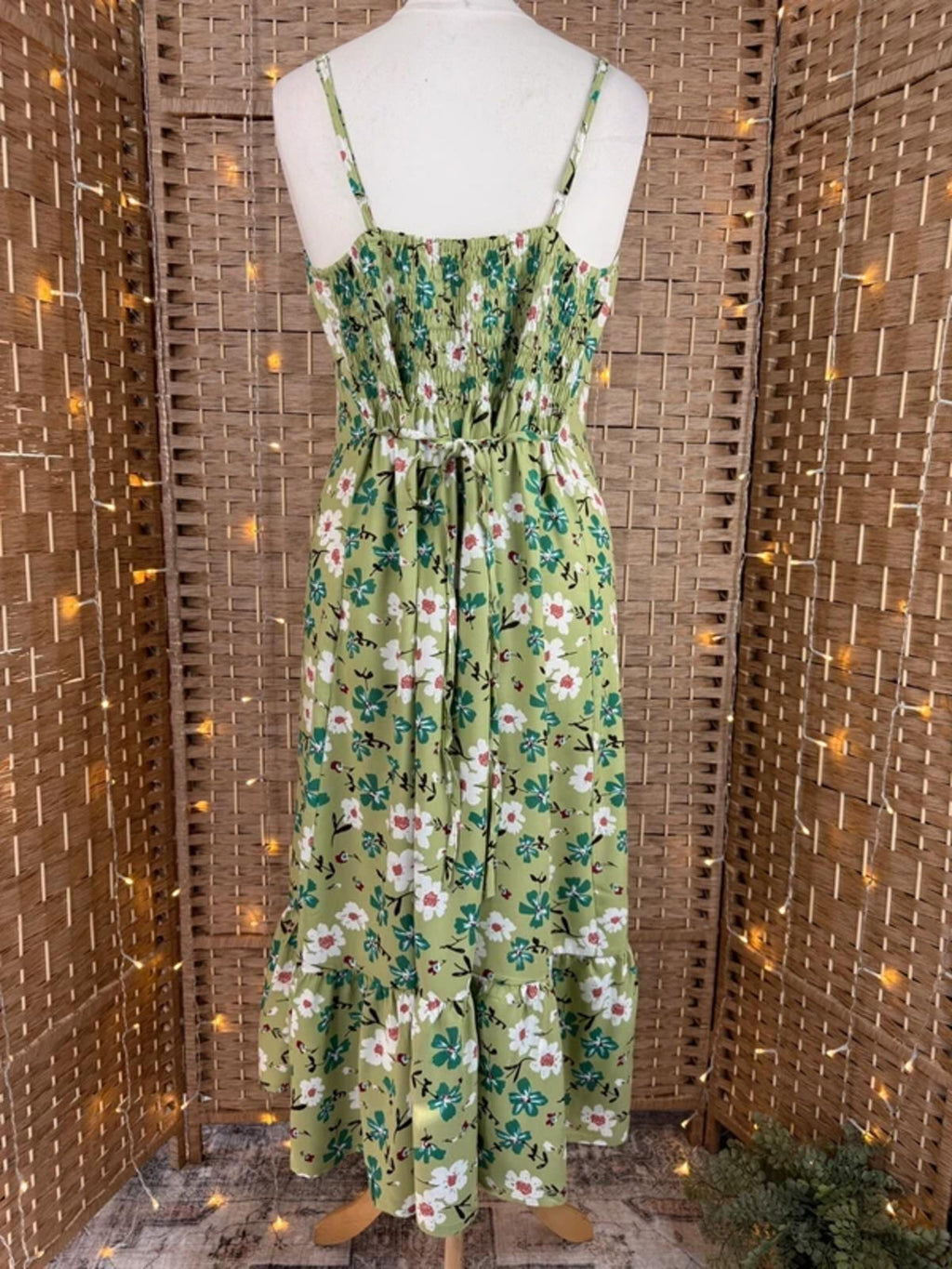 Green Floral Summer Midi Dress UK 14 Shirred Back Holiday Beach