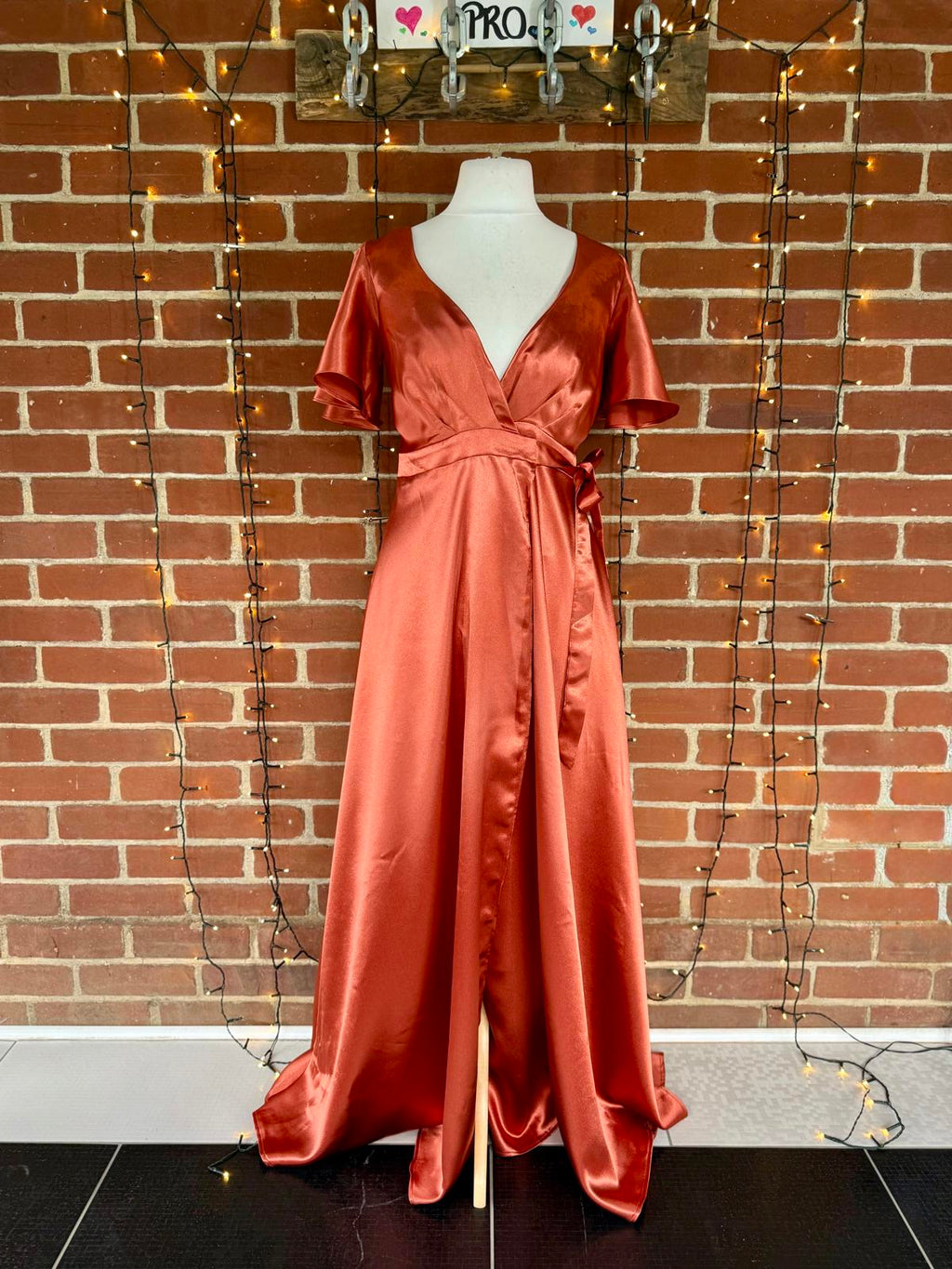 Goddiva DR3955 Burnt Orange Satin Wrap Maxi Dress UK 8 BNWT Occasion #134
