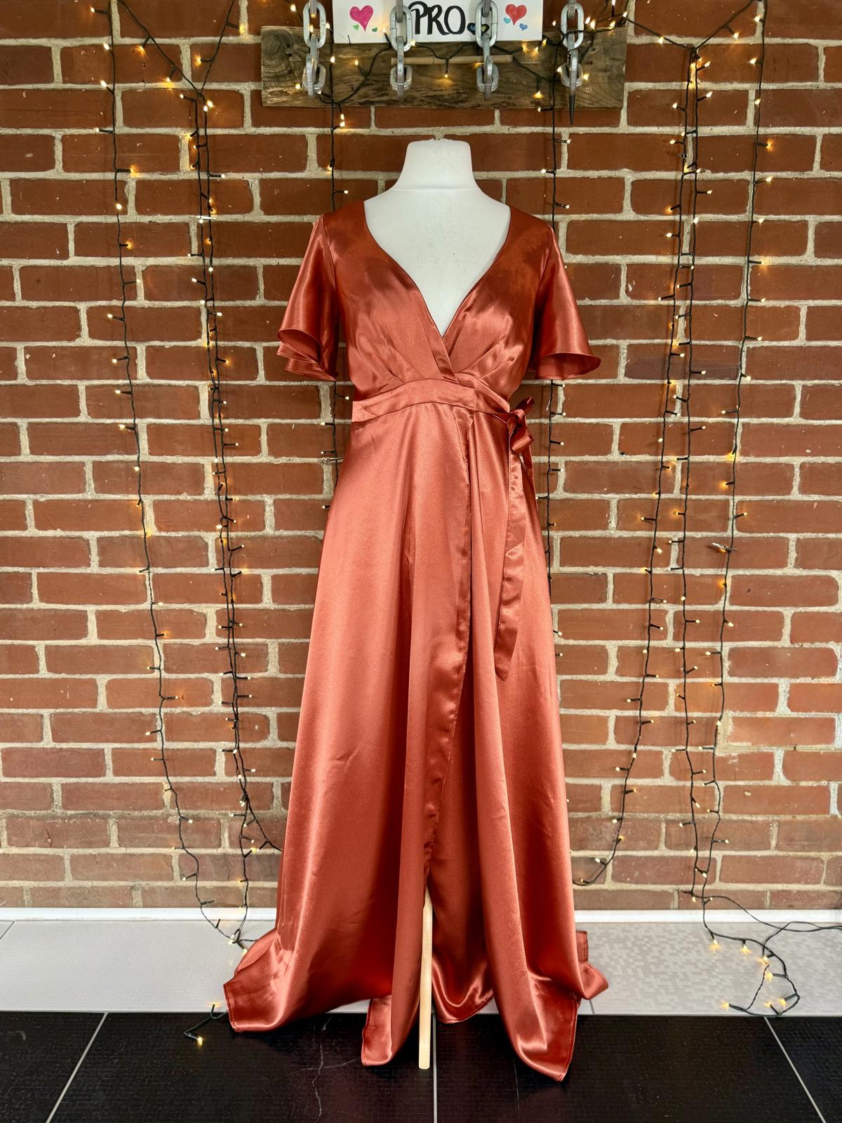 Goddiva DR3955 Burnt Orange Satin Wrap Maxi Dress UK 8 BNWT Occasion #134