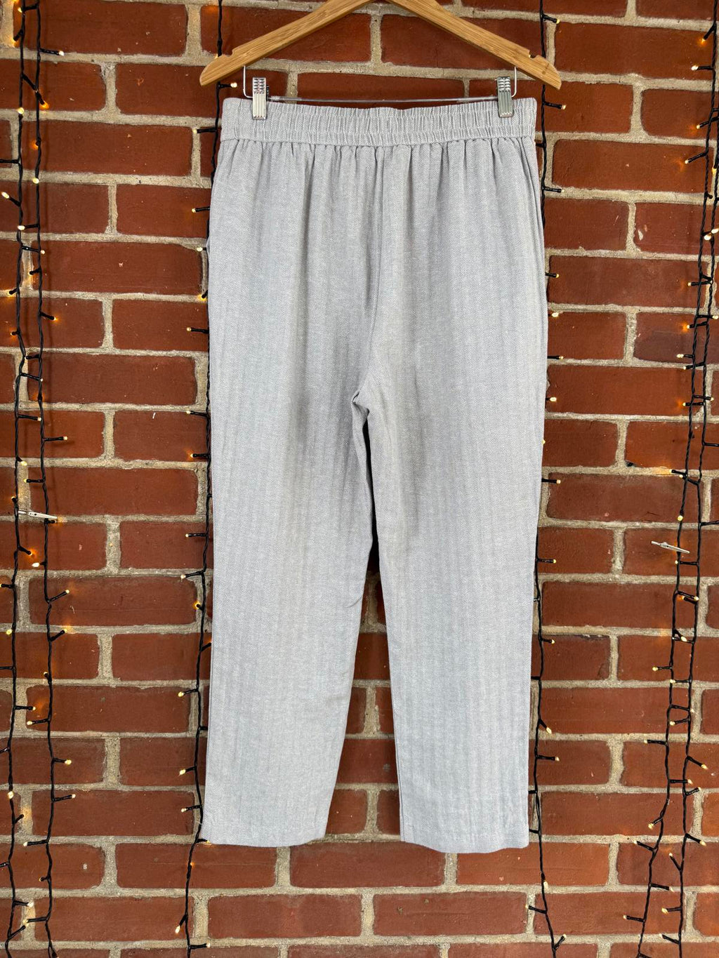 Light Gray Linen Mix Women's Casual Ribbed Pants with Drawstring Waist - Size 14