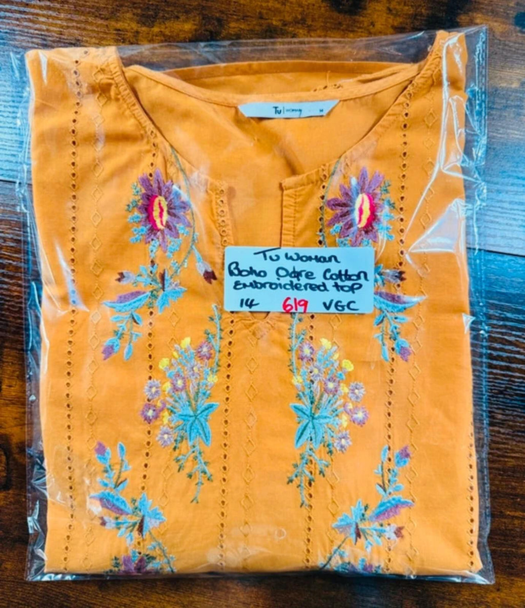 TU Mustard Boho Embroidered Peplum Top UK14 Festival