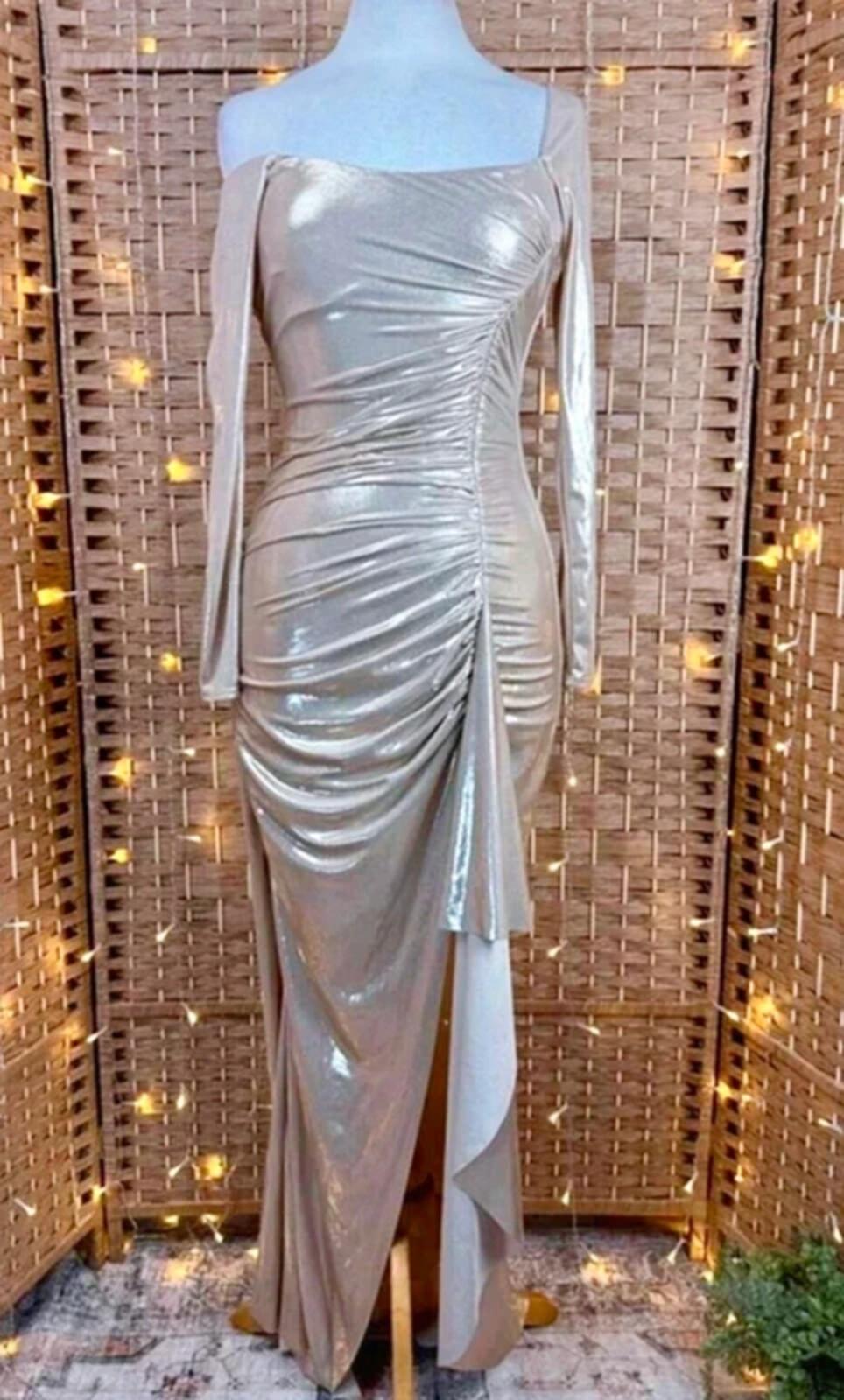 Champagne Shimmer Ruched Maxi Dress UK 6-8 Glam Occasion