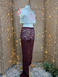 Burgundy Lace Wide Leg Trousers UK 10-12 Sheer Y2K Boho