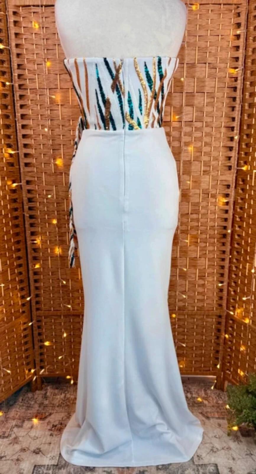 Goddiva White Sequin Strapless Maxi Gown UK 8 BNWT