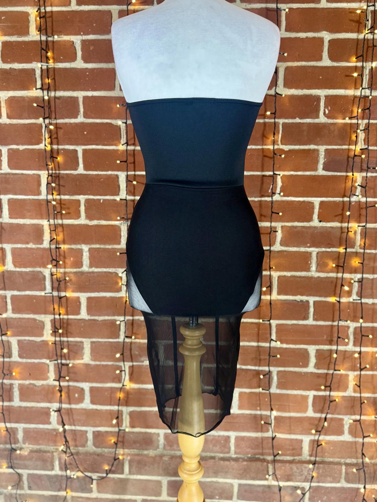 PLT Black Strapless Mesh Corset Dress Bodycon Midi UK 8 #143