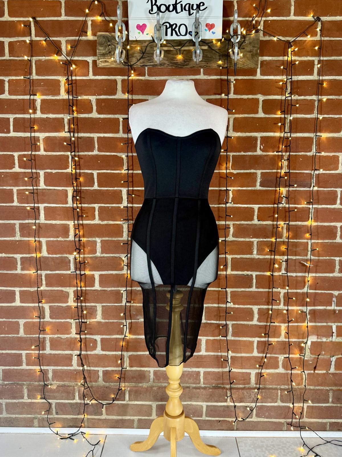 PLT Black Strapless Mesh Corset Dress Bodycon Midi UK 8 #143