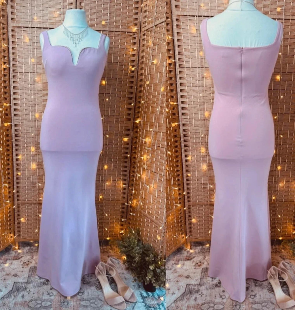 Quiz Dusky Pink Maxi Dress UK 10 Pearl Trim V Neck Occasion Gown