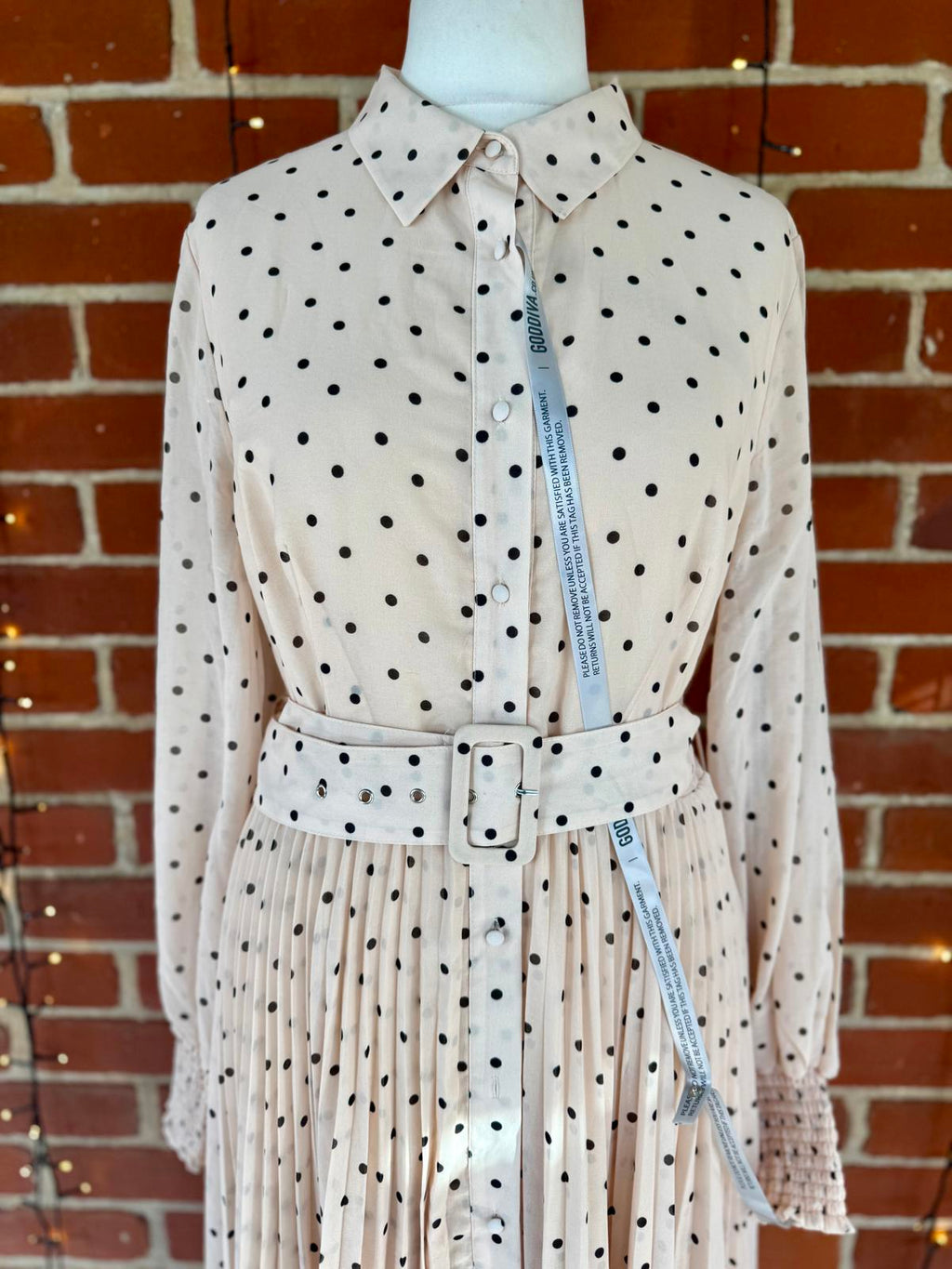 Goddiva Cream Beige Polka Dot Pleated Midi Shirt Dress UK 14 BNWT