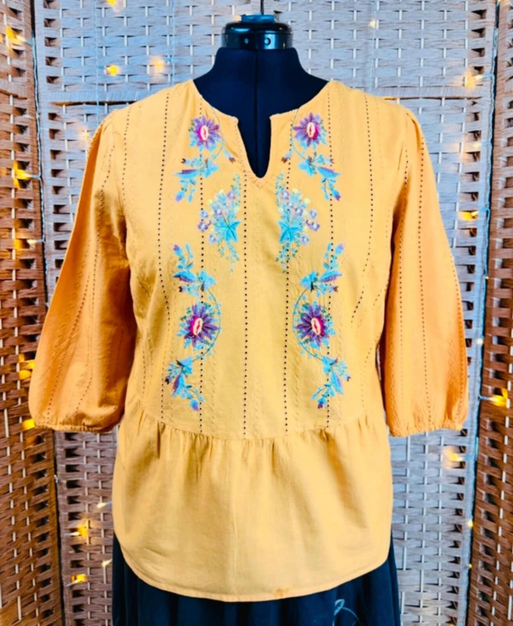 TU Mustard Boho Embroidered Peplum Top UK14 Festival