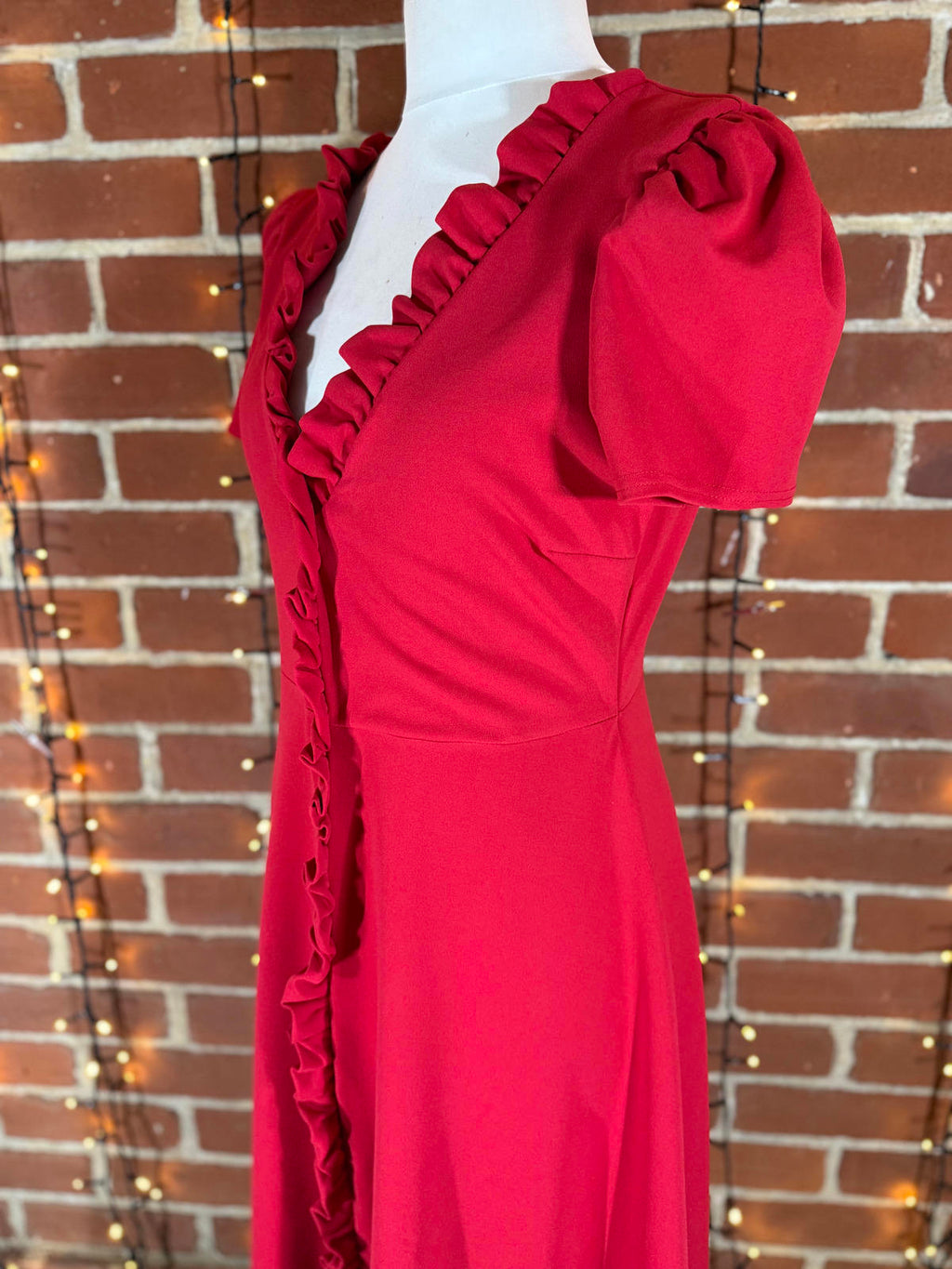 Goddiva Red Ruffle V-Neck A-Line Midi Dress Size 14 DR3876 BNWT #218