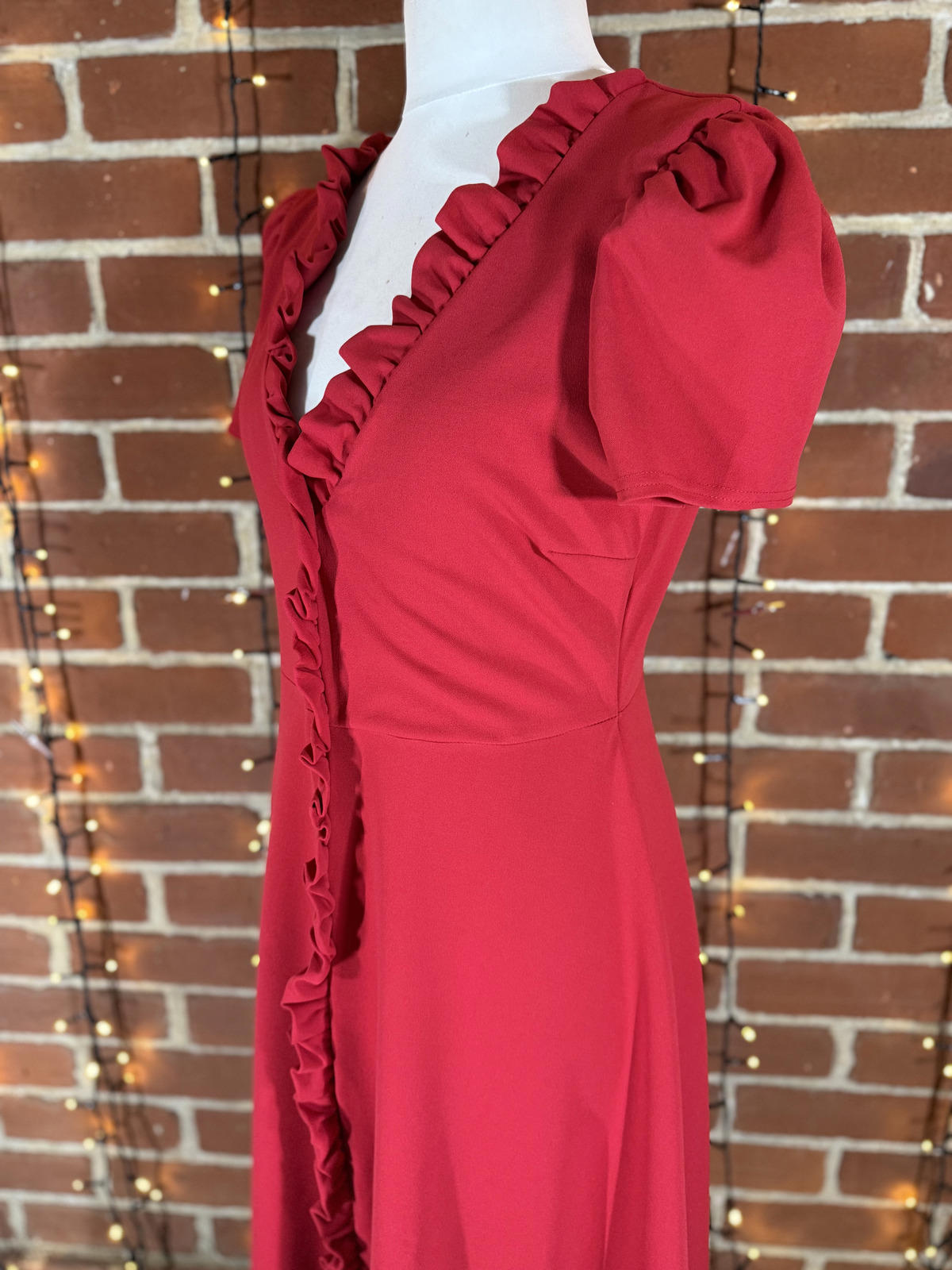 Goddiva Red Ruffle V-Neck A-Line Midi Dress Size 14 DR3876 BNWT #218