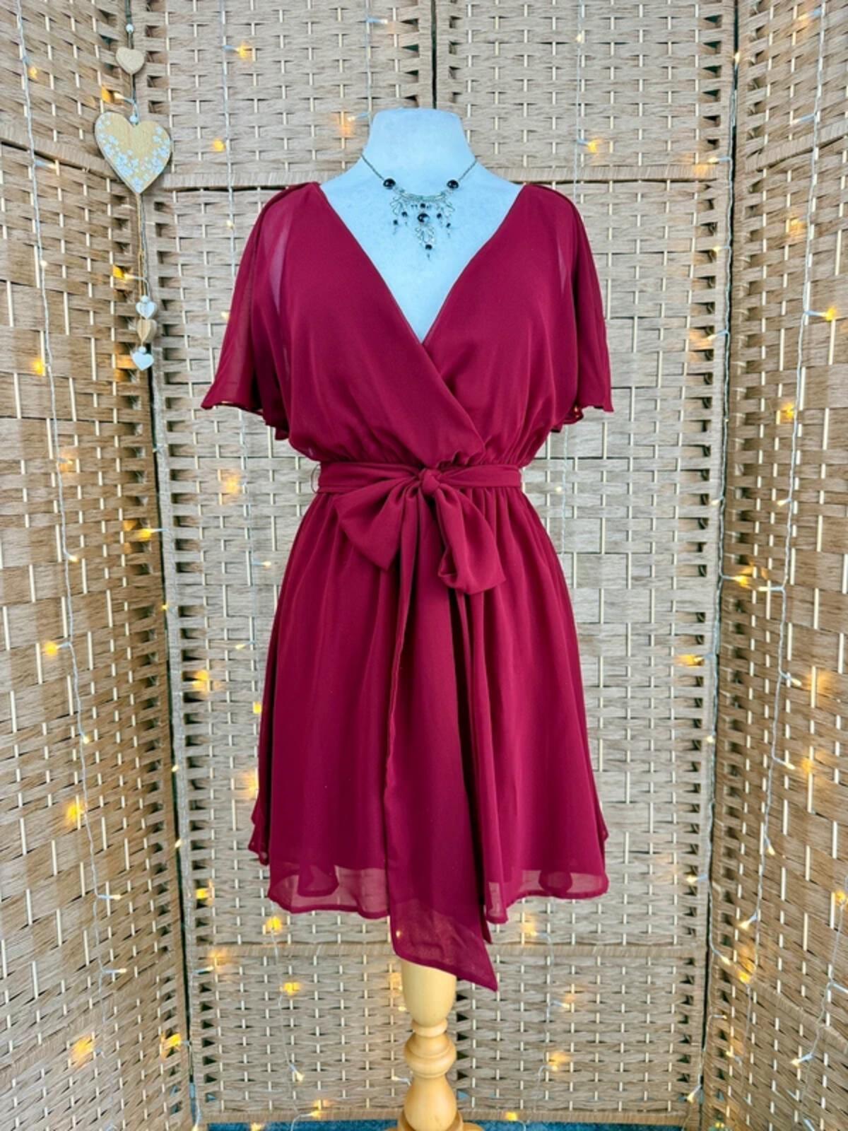 Goddiva Burgundy Chiffon Wrap Skater Dress UK 10 BNWT