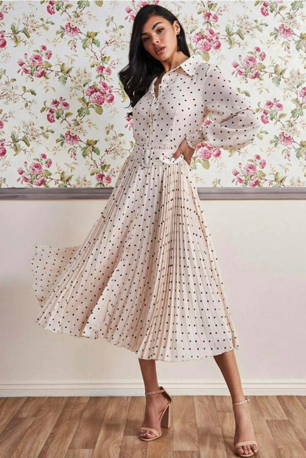 Goddiva Cream Beige Polka Dot Pleated Midi Shirt Dress UK 14 BNWT