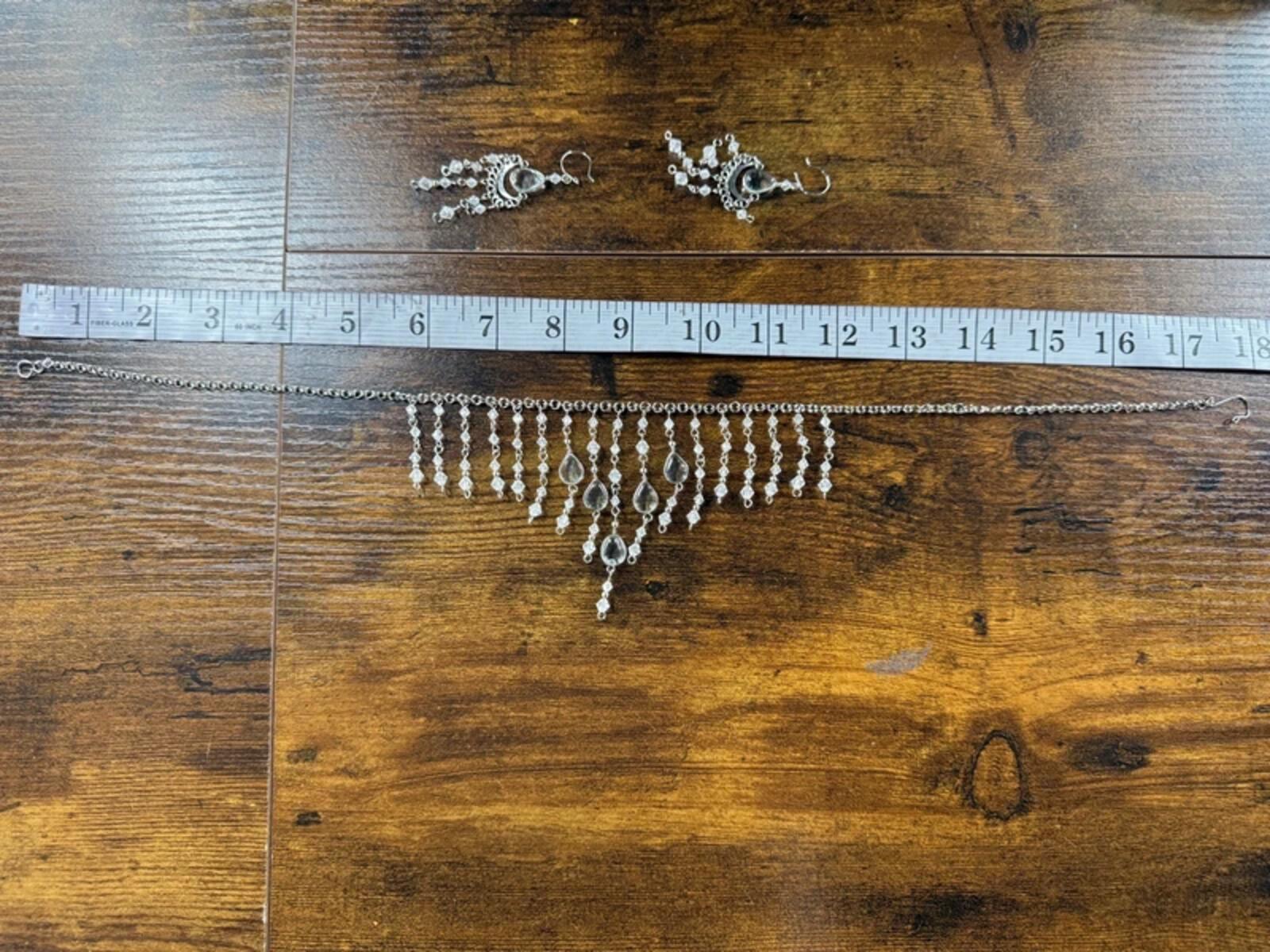 Handmade Boho Necklace & Earrings Set Silver Crystal Festival