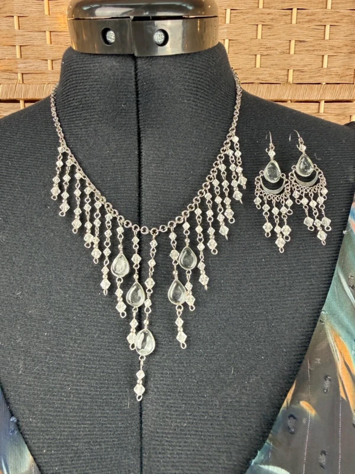 Handmade Boho Necklace & Earrings Set Silver Crystal Festival