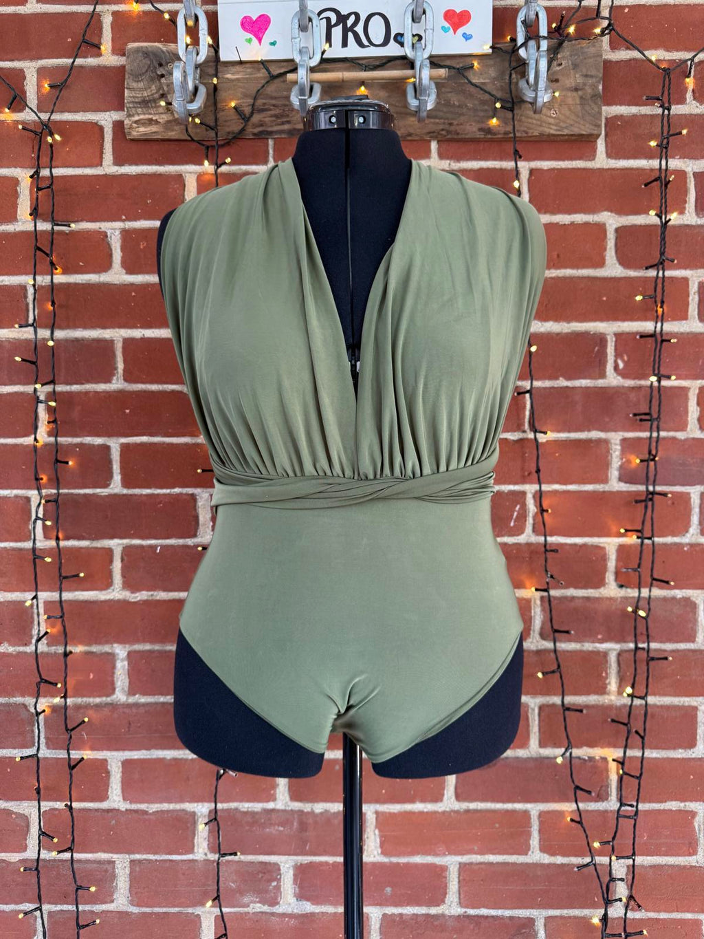 Olive Green Women's One-Piece Swimsuit with Wrap Detail - Size XL