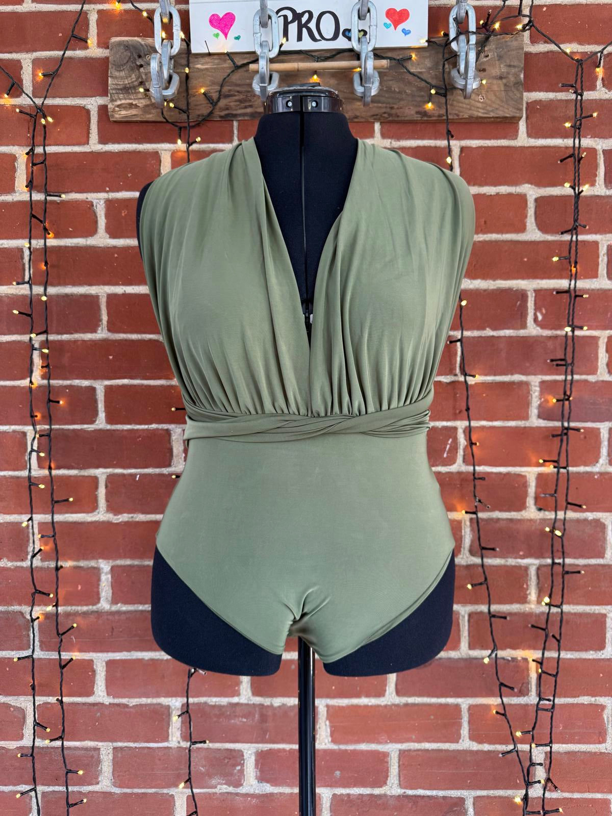 Olive Green Women's One-Piece Swimsuit with Wrap Detail - Size XL