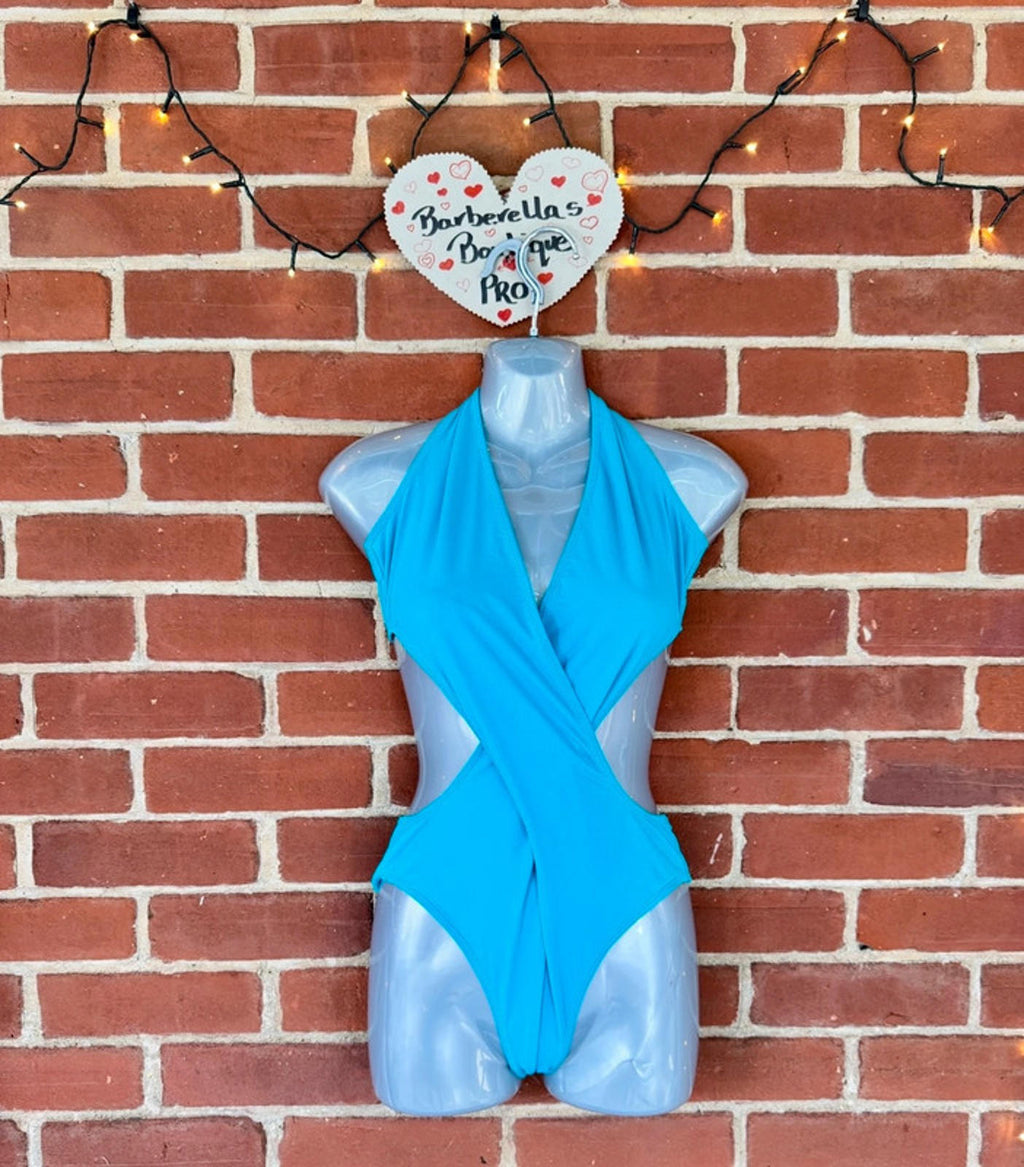 Stylish Aqua Blue Cross-Back Swimsuit Size L (14)