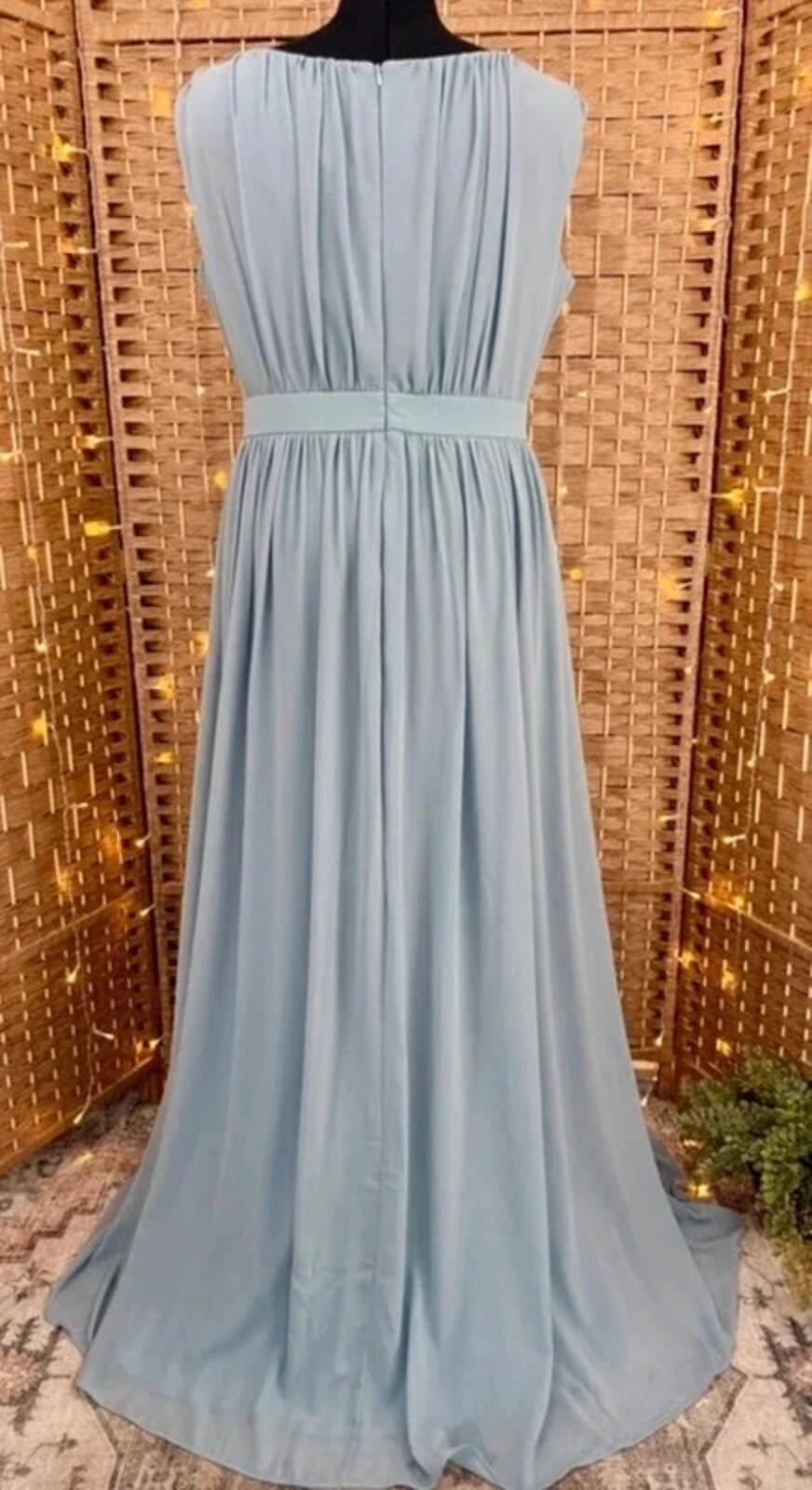Goddiva Dusky Blue Chiffon Maxi Dress UK 16 Evening Gown