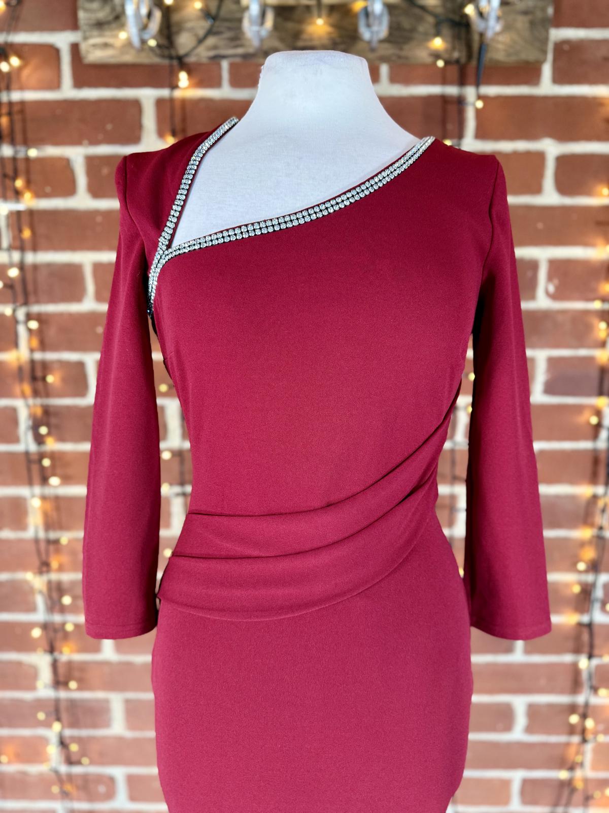 Goddiva London DR4421 Wine Red Embellished Midi Dress UK 8 – Ruched Wrap Style