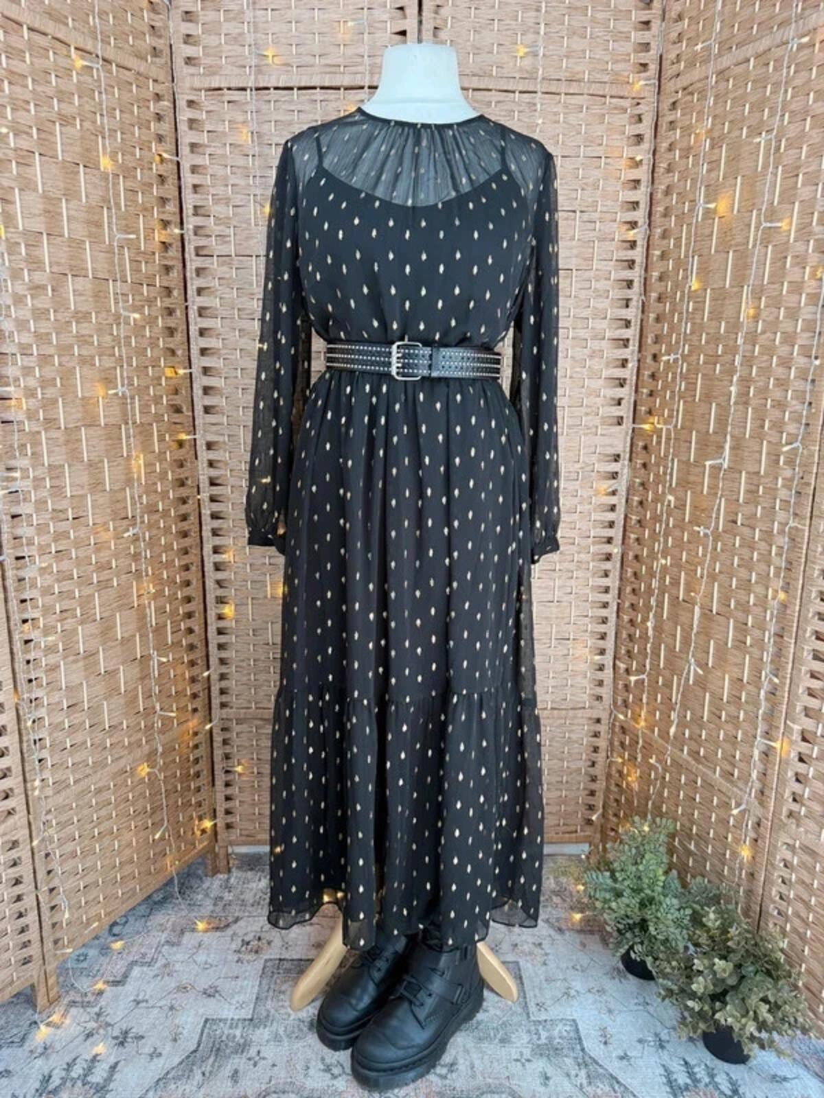M&S Collection Black Gold Spot 2 Piece Midi Maxi Dress UK 18