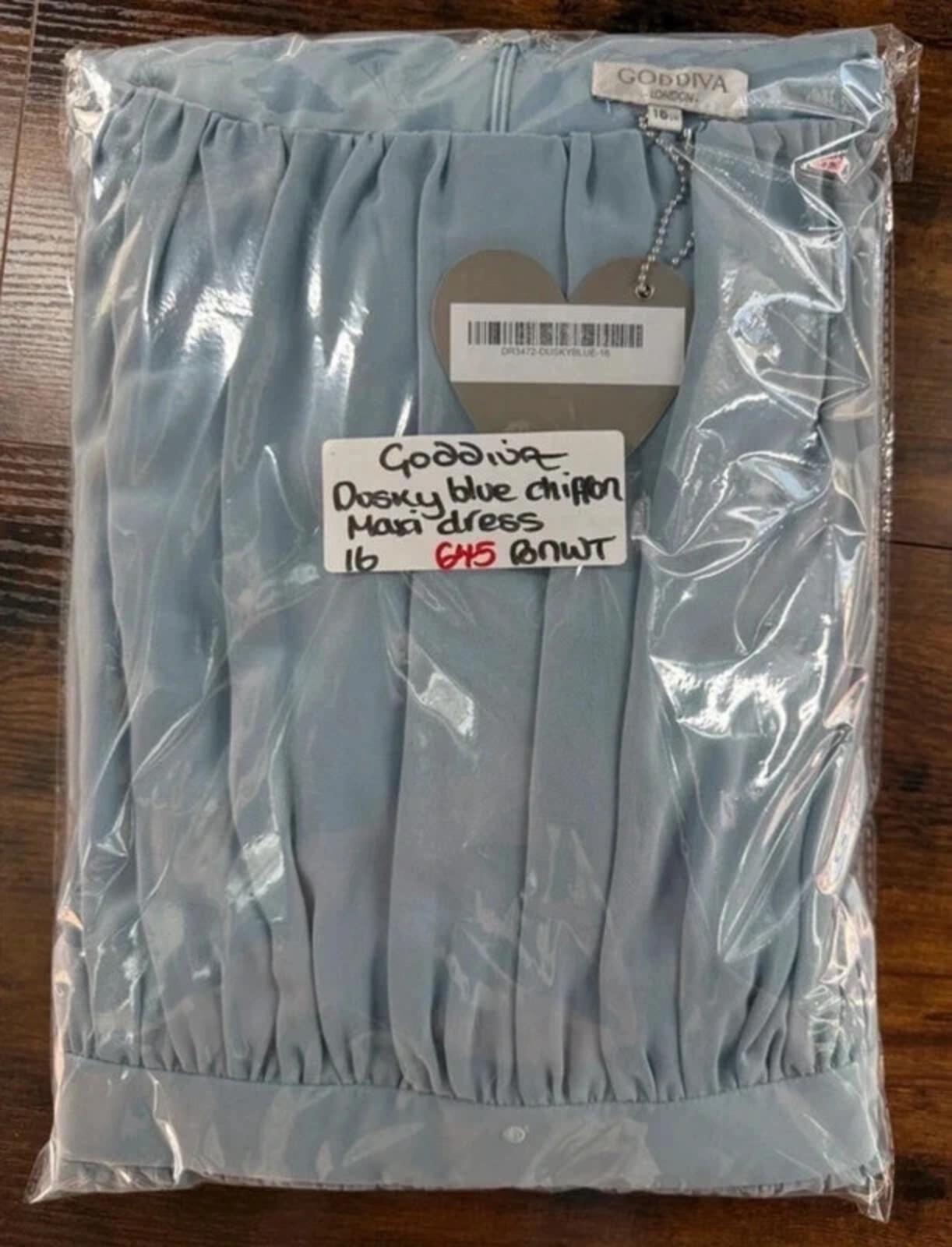 Goddiva Dusky Blue Chiffon Maxi Dress UK 16 Evening Gown