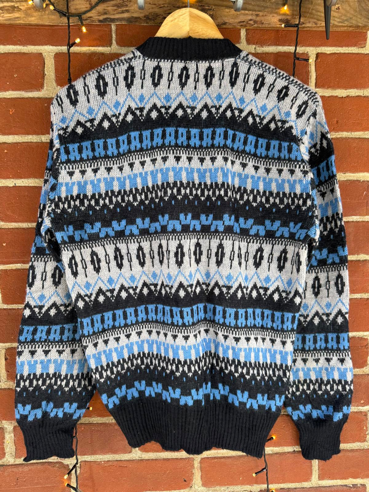 Men’s Fair Isle Knit Jumper Blue Grey Crew Neck M (38–40” Chest) NUM4