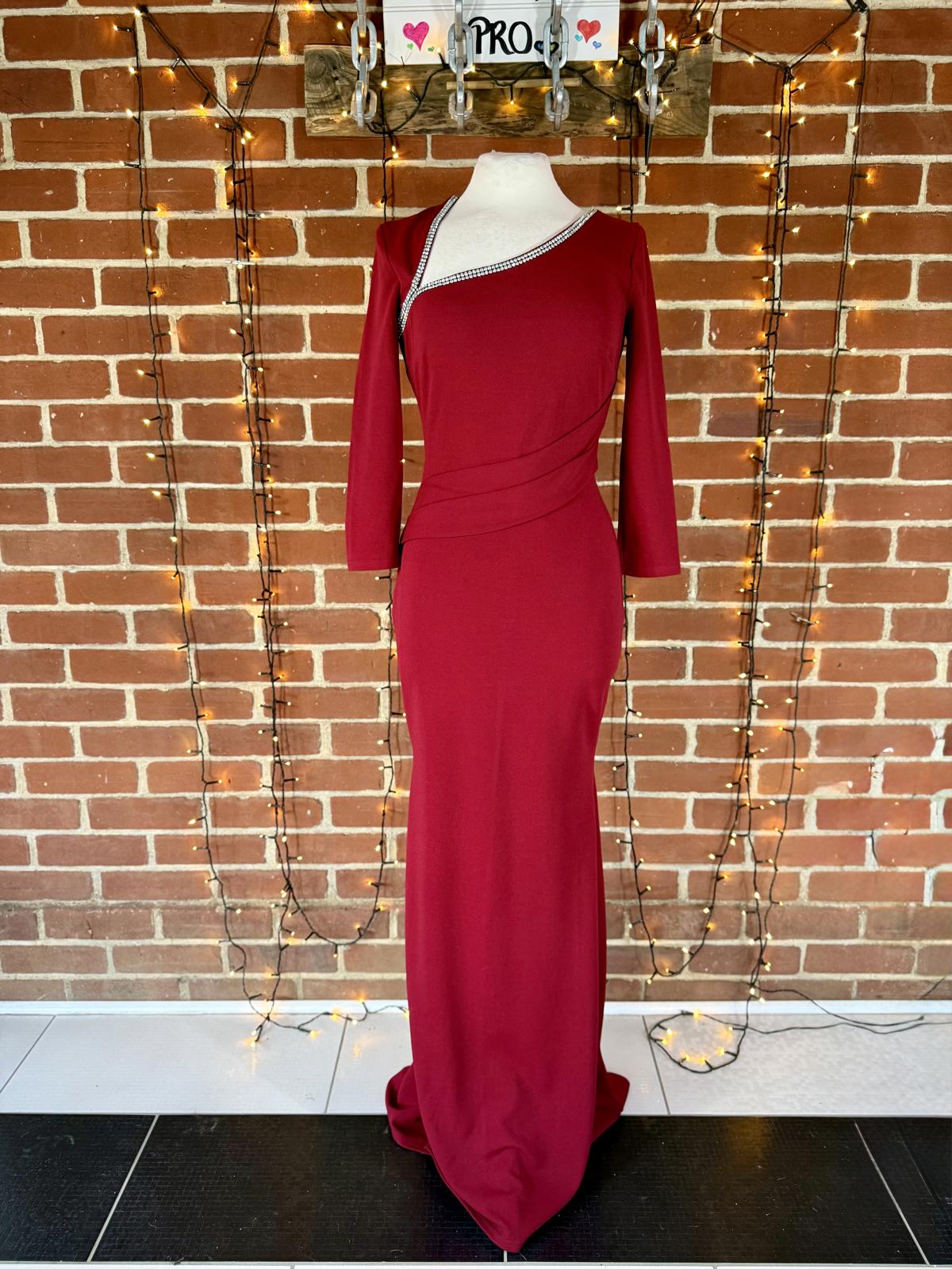 Goddiva London DR4421 Wine Red Embellished Midi Dress UK 8 – Ruched Wrap Style