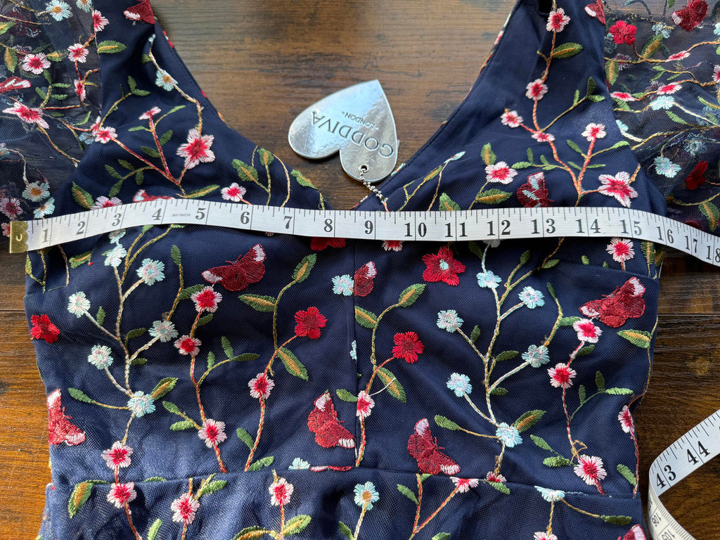 Goddiva London DR3798 Navy Embroidered Floral Maxi Dress – UK 8  #90