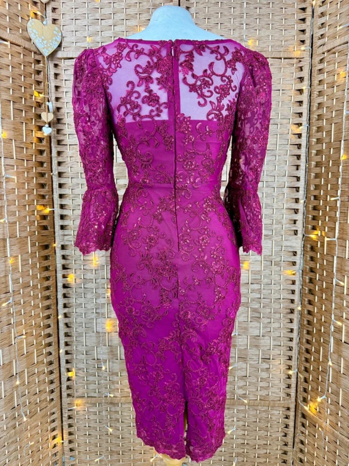 Goddiva Burgundy Lace Sequin Midi Dress UK 8 Wedding Guest