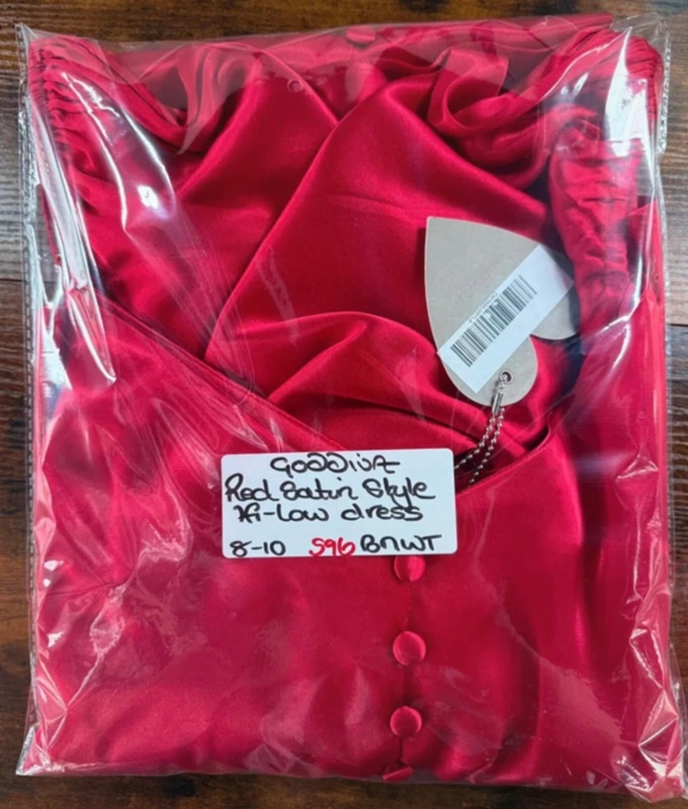 Goddiva Red Satin Midi Dress UK 8 Button Front Long Sleeve Occasion