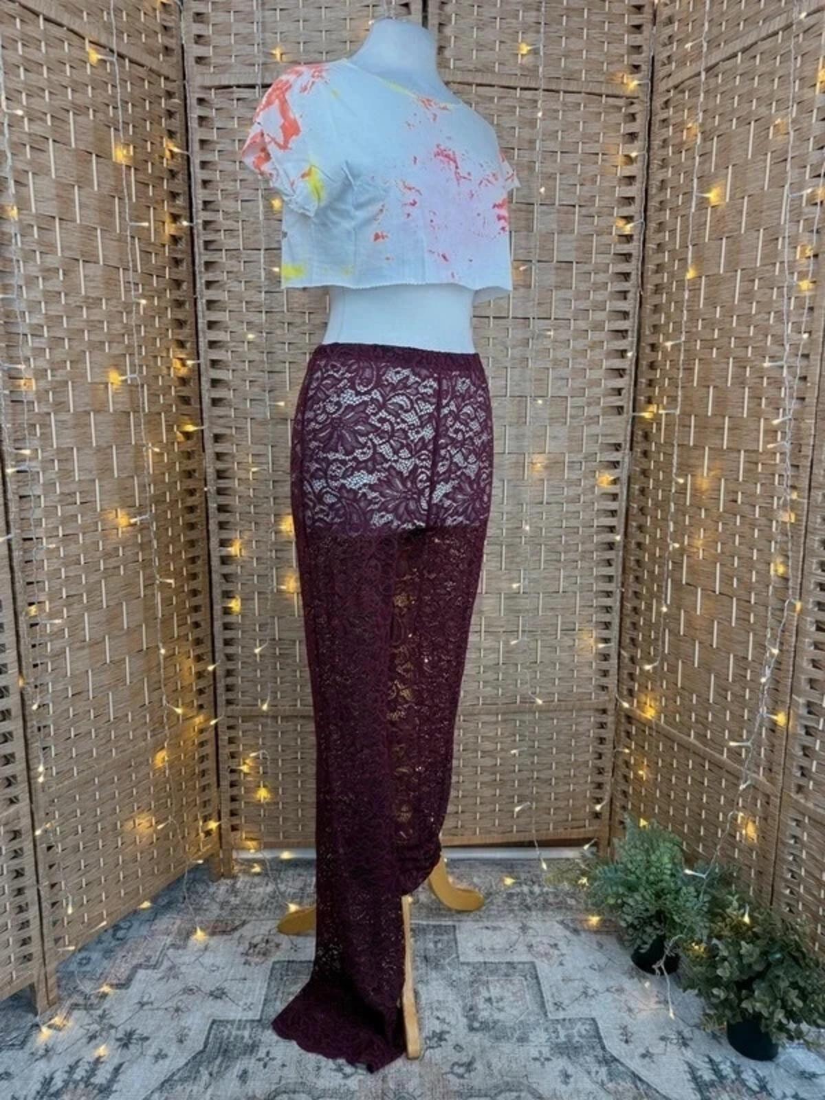 Burgundy Lace Wide Leg Trousers UK 10-12 Sheer Y2K Boho