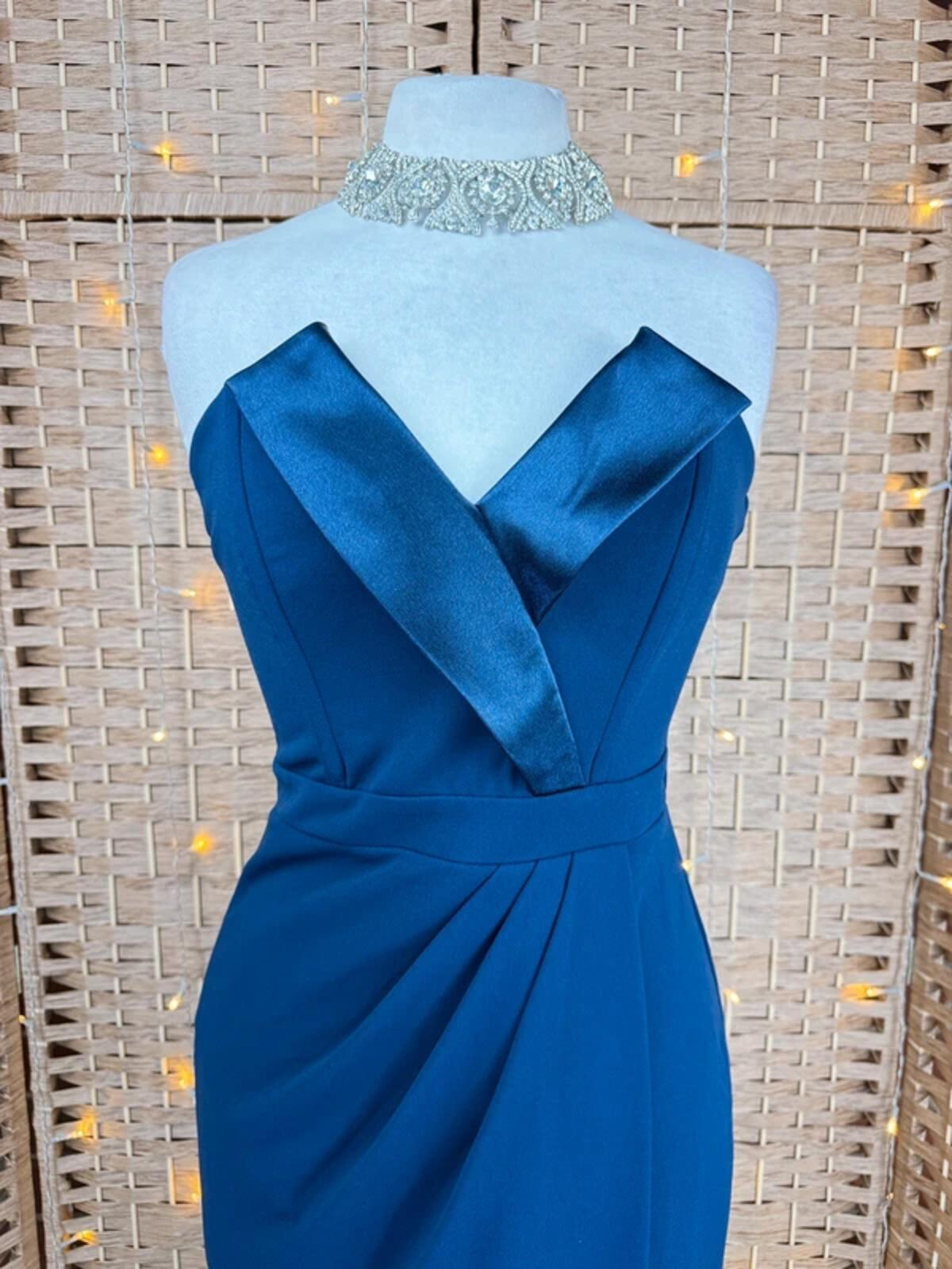 Goddiva Navy Satin Trim Maxi Dress UK 8 Prom Evening Gown