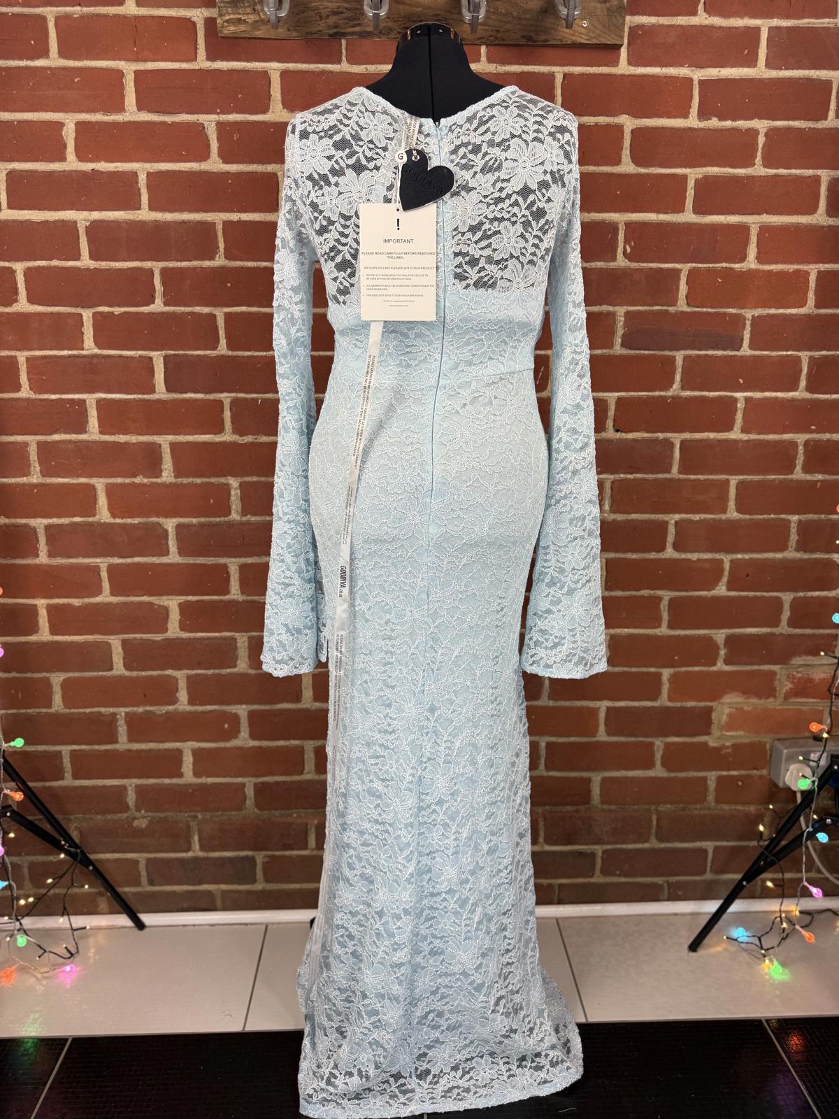 Goddiva Sky Blue Lace Maxi Dress UK 16 / US 12 – Flare Sleeves & V-Neck     .263