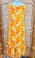 Boho Yellow Floral Frill Hem Midi Dress Size L Festival