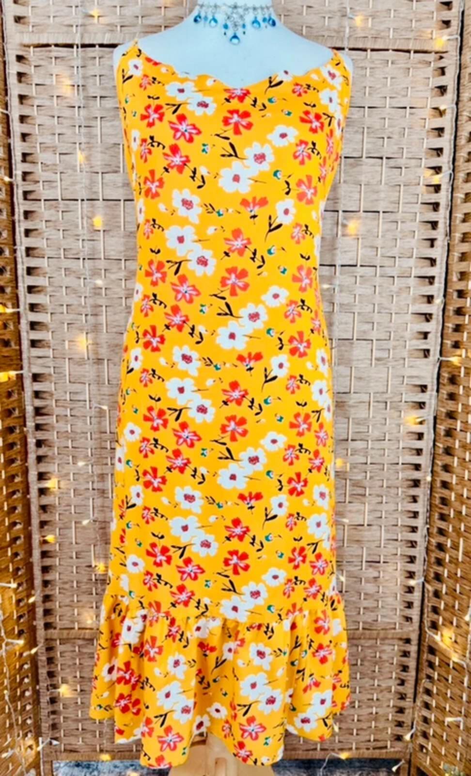 Boho Yellow Floral Frill Hem Midi Dress Size L Festival
