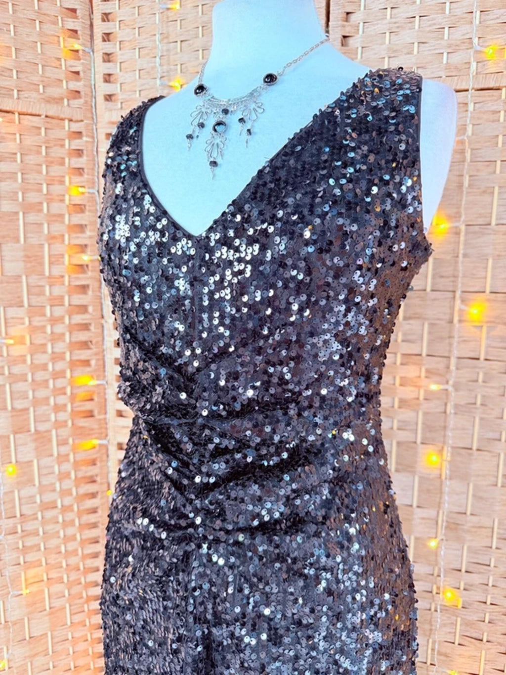 Wallis Black Sequin Midi Dress UK10 US6 Ruched Evening Party