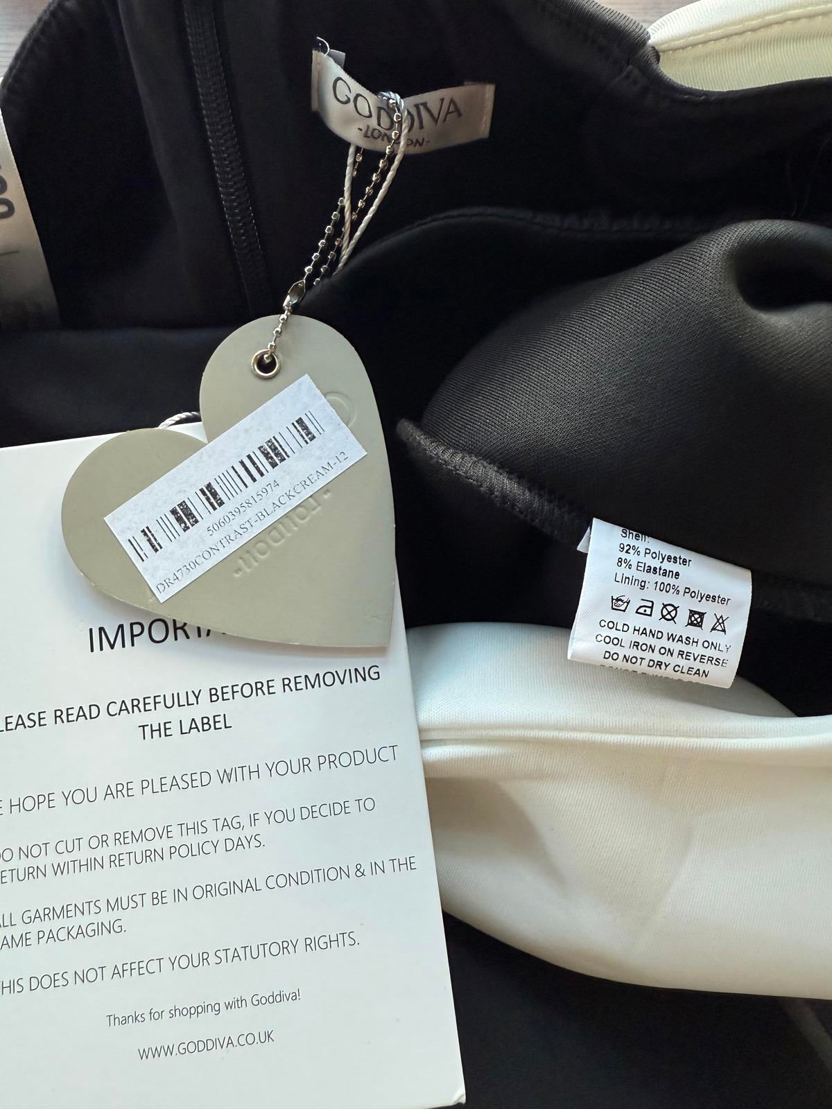 Goddiva London Black & Cream Bow Bust Midi Dress – UK 12 ⚠️ Read Condition Note