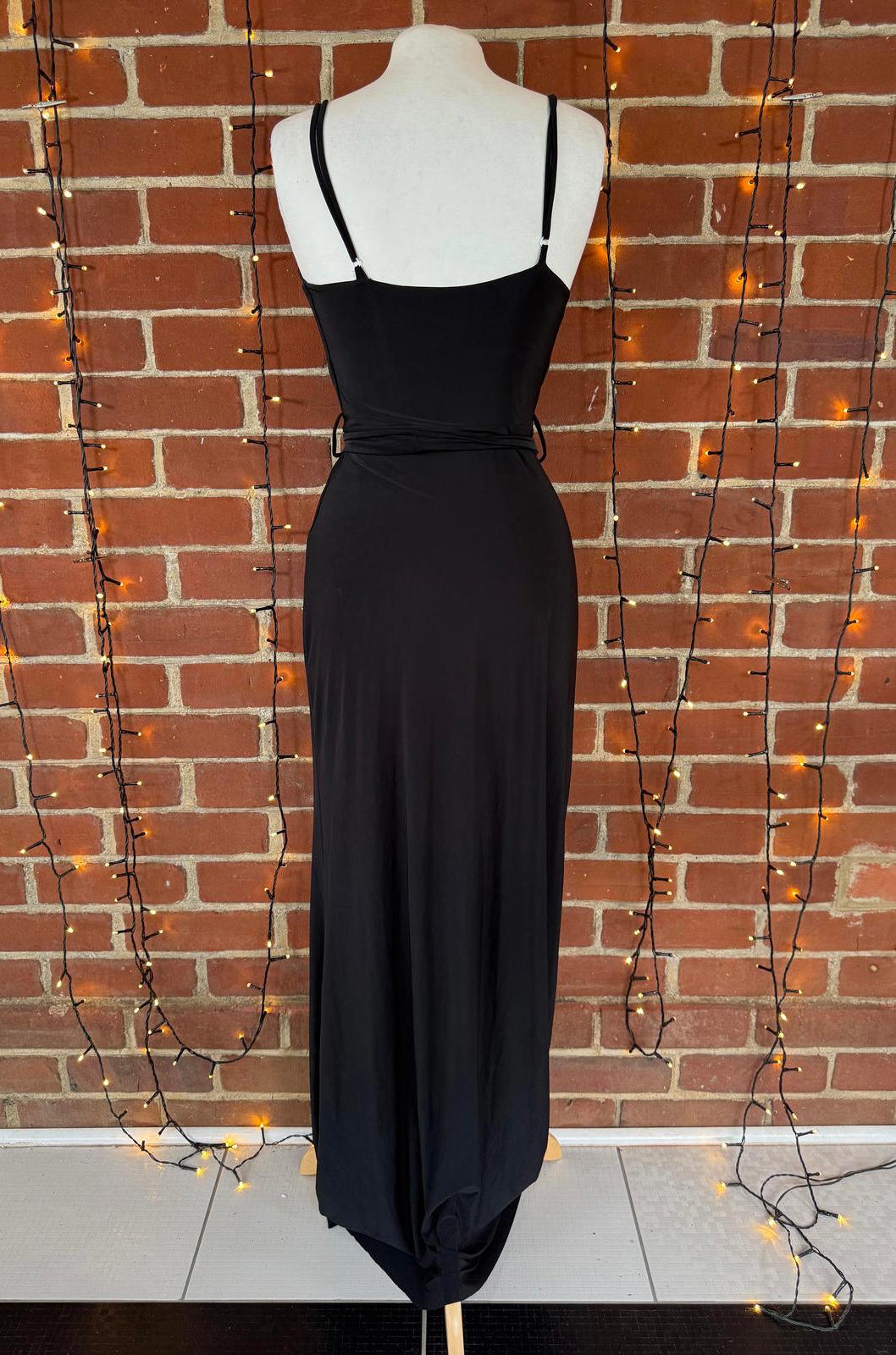 Elegant Black Wrap Maxi Dress with Split & Waist Tie – UK 8–10
