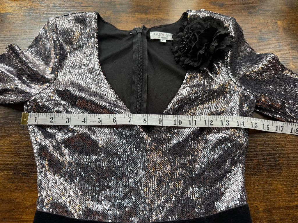 Goddiva Sequin Velvet Tuxedo Jumpsuit UK 8 Silver Black Party Outfit VGC #152