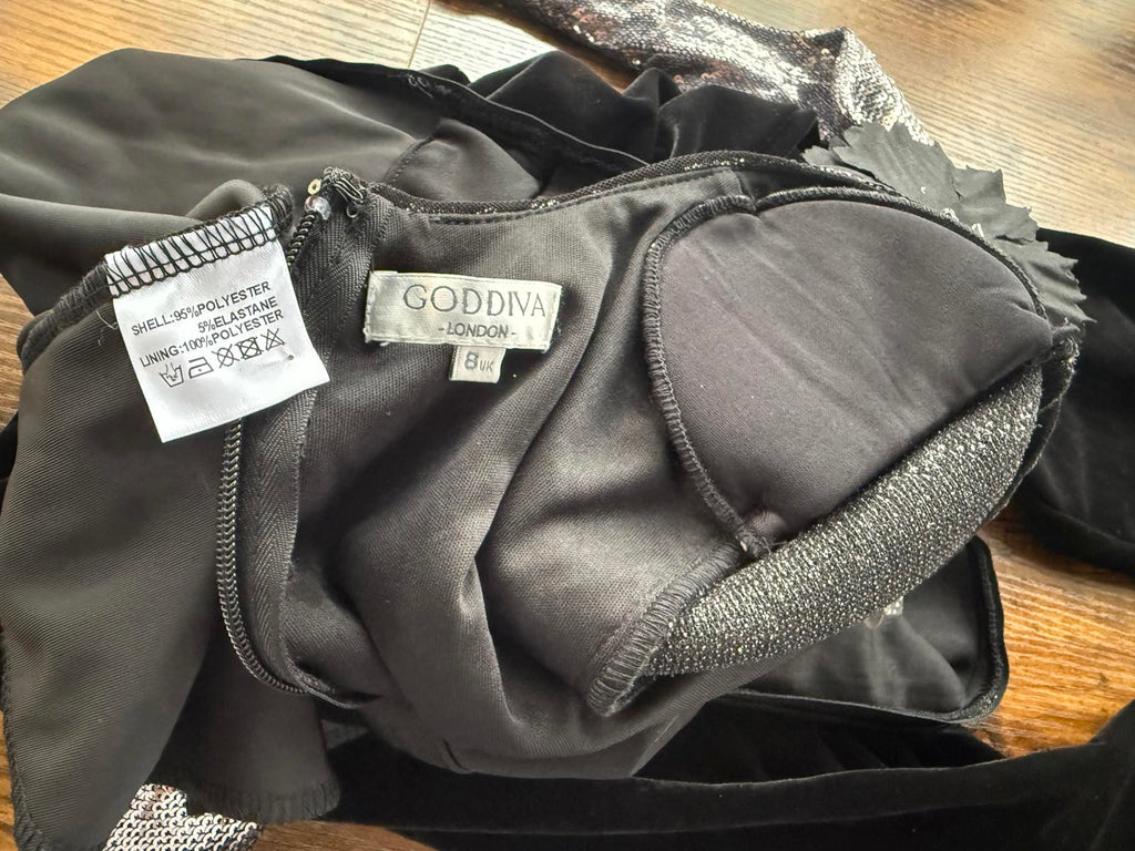 Goddiva Sequin Velvet Tuxedo Jumpsuit UK 8 Silver Black Party Outfit VGC #152