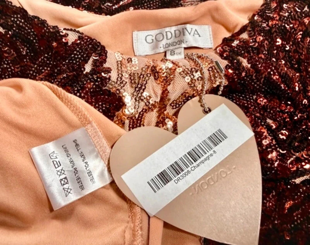 Goddiva Sequin Mini Dress UK 8 Champagne Rose Gold Party Glam