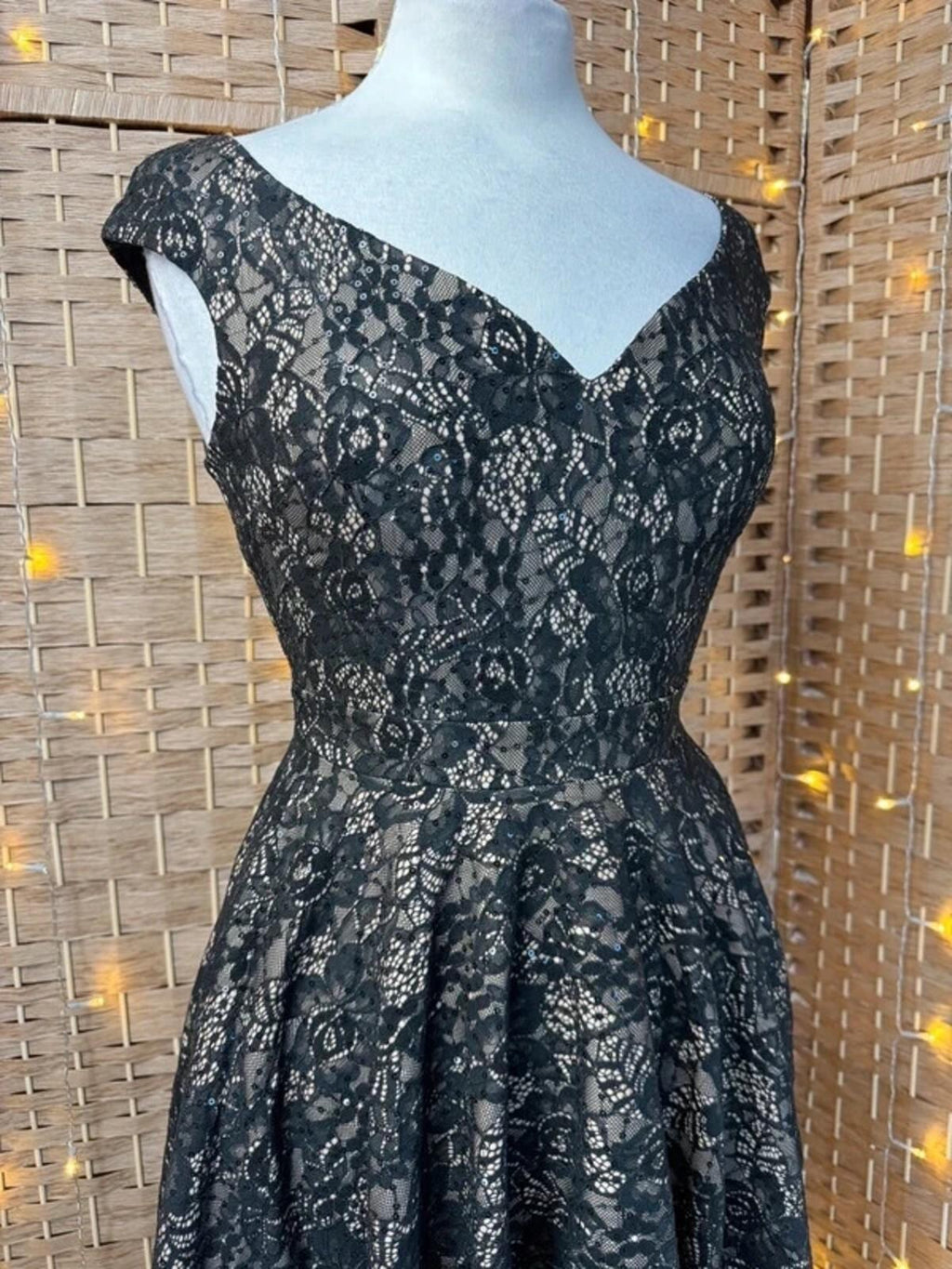 Black Lace Midi Dress UK 6 8 Fit Flare Party Evening Wedding Guest NWOT